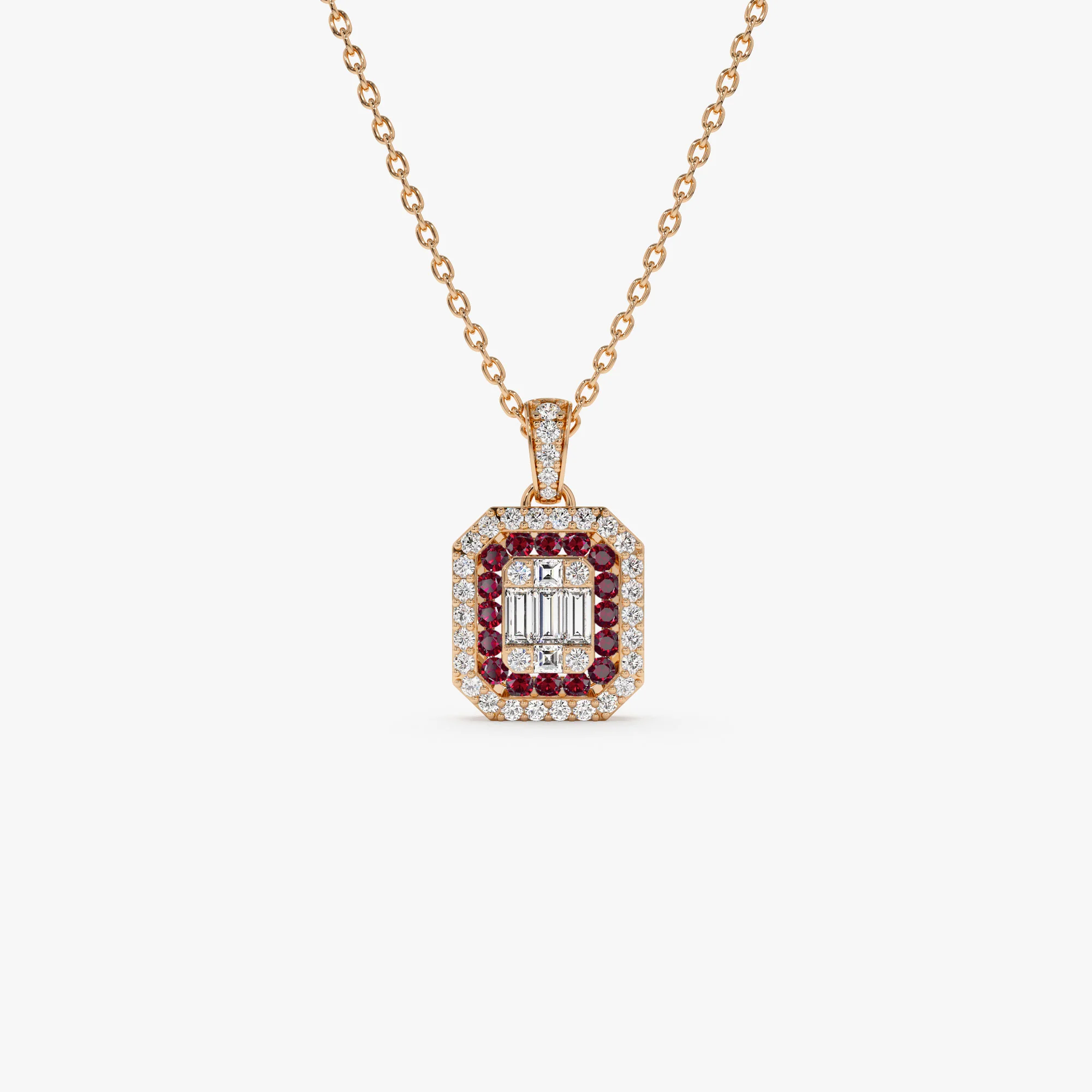 14k Baguette and Round Ruby Necklace with Halo Setting - Image 4