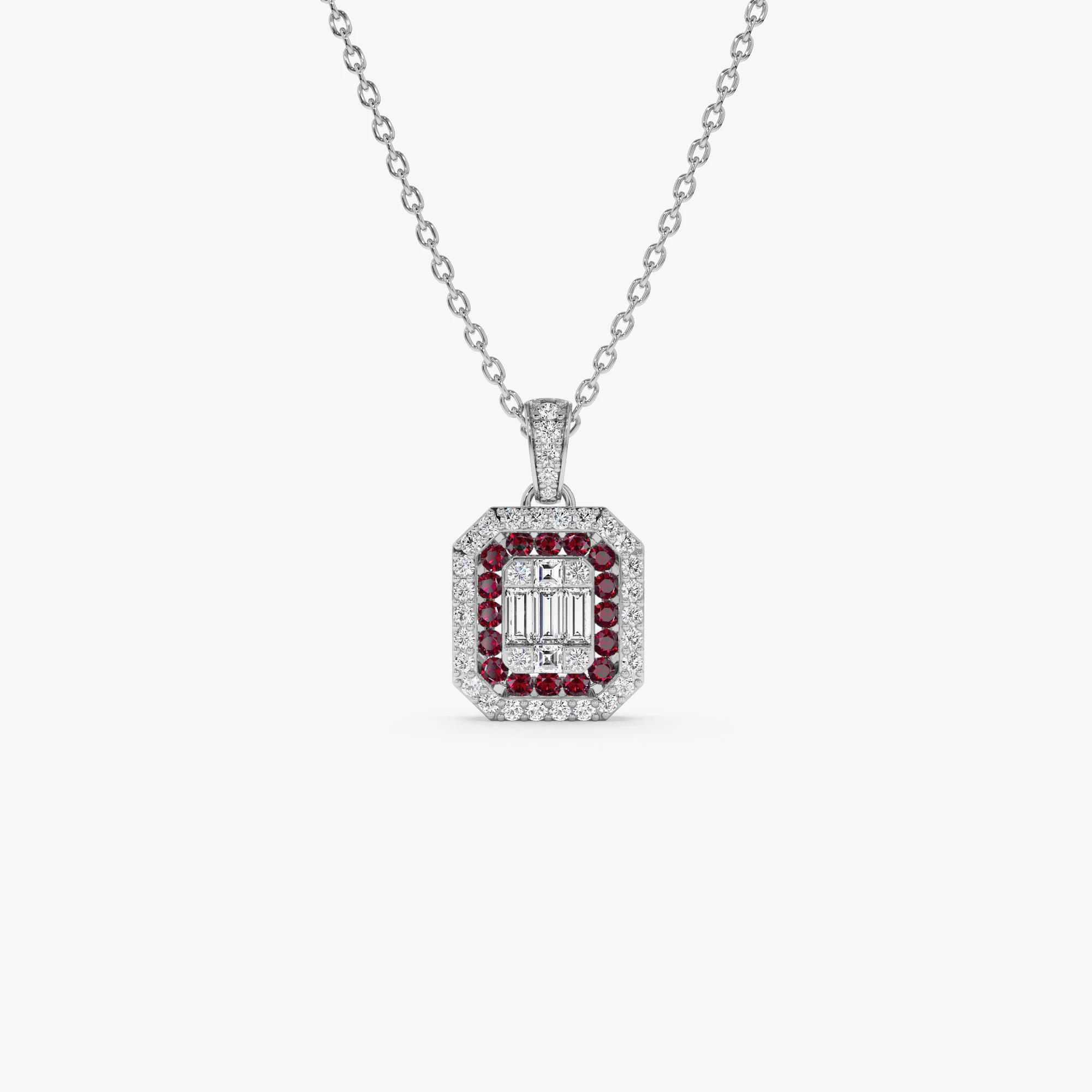 14k Baguette and Round Ruby Necklace with Halo Setting - Image 5