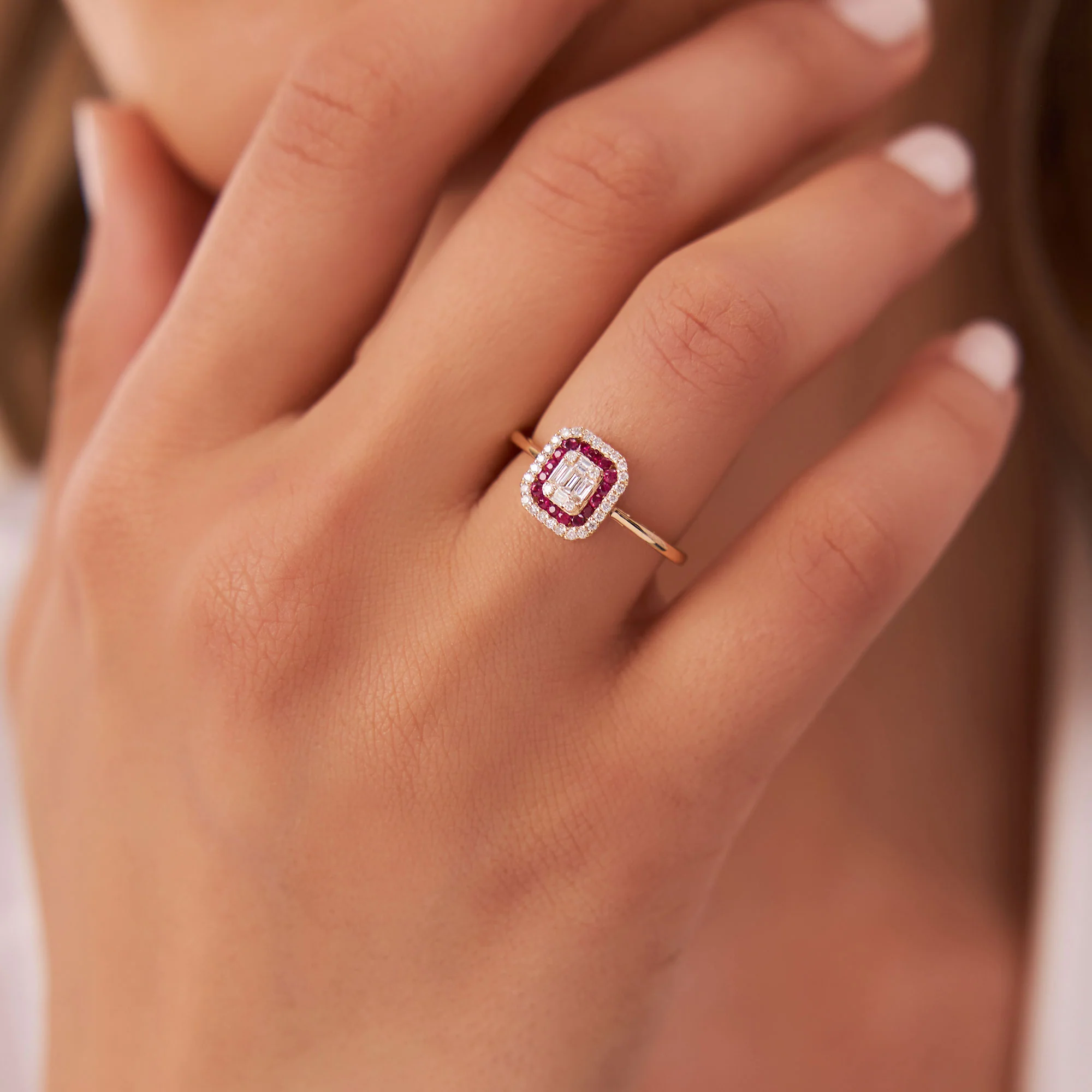 14k Baguette and Round Ruby Ring with Halo Setting - Image 2