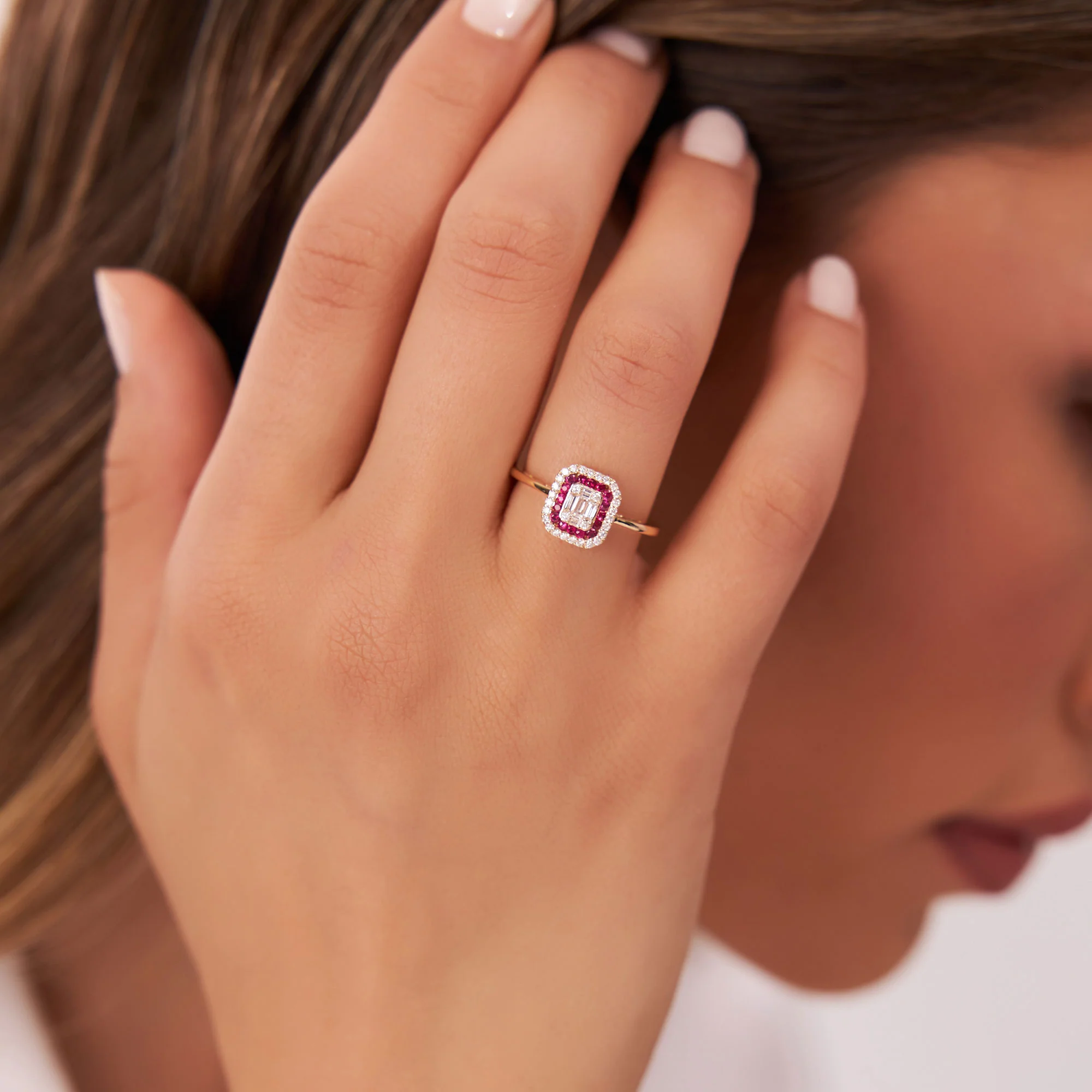 14k Baguette and Round Ruby Ring with Halo Setting - Image 3