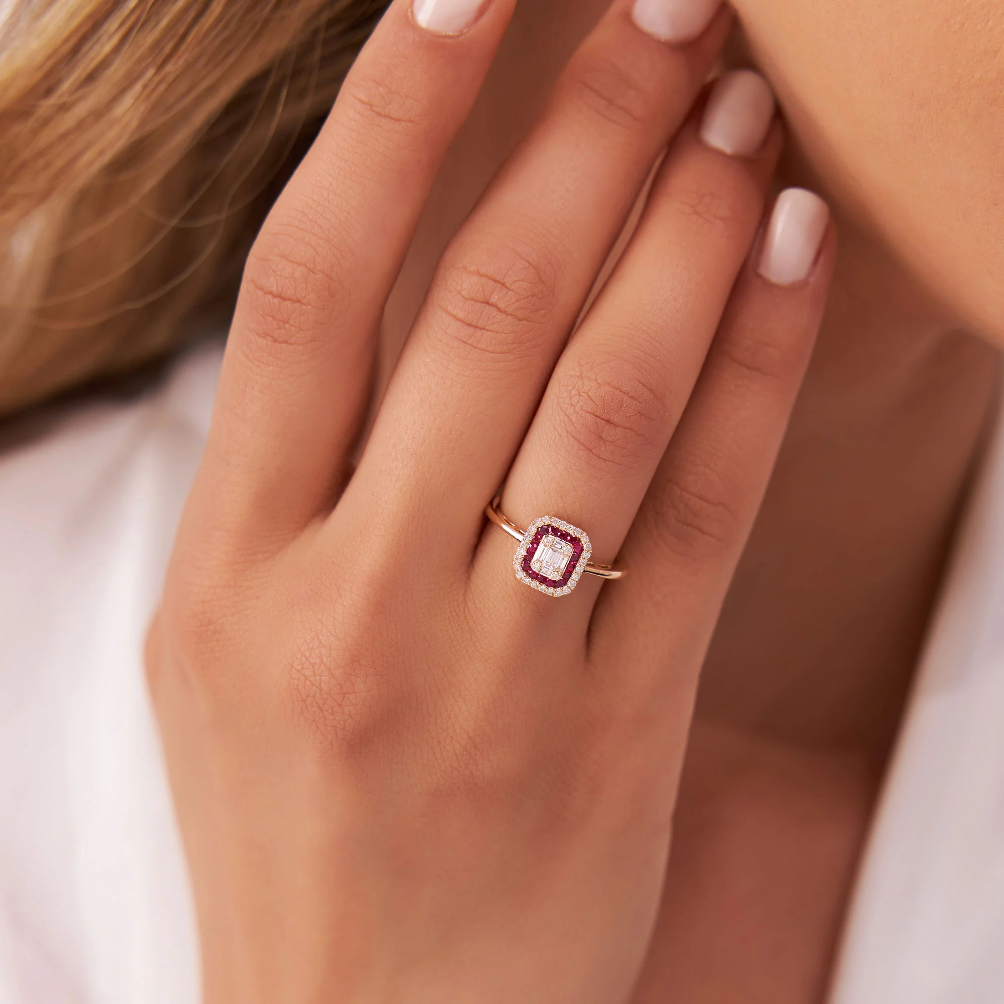 14k Baguette and Round Ruby Ring with Halo Setting - Image 4