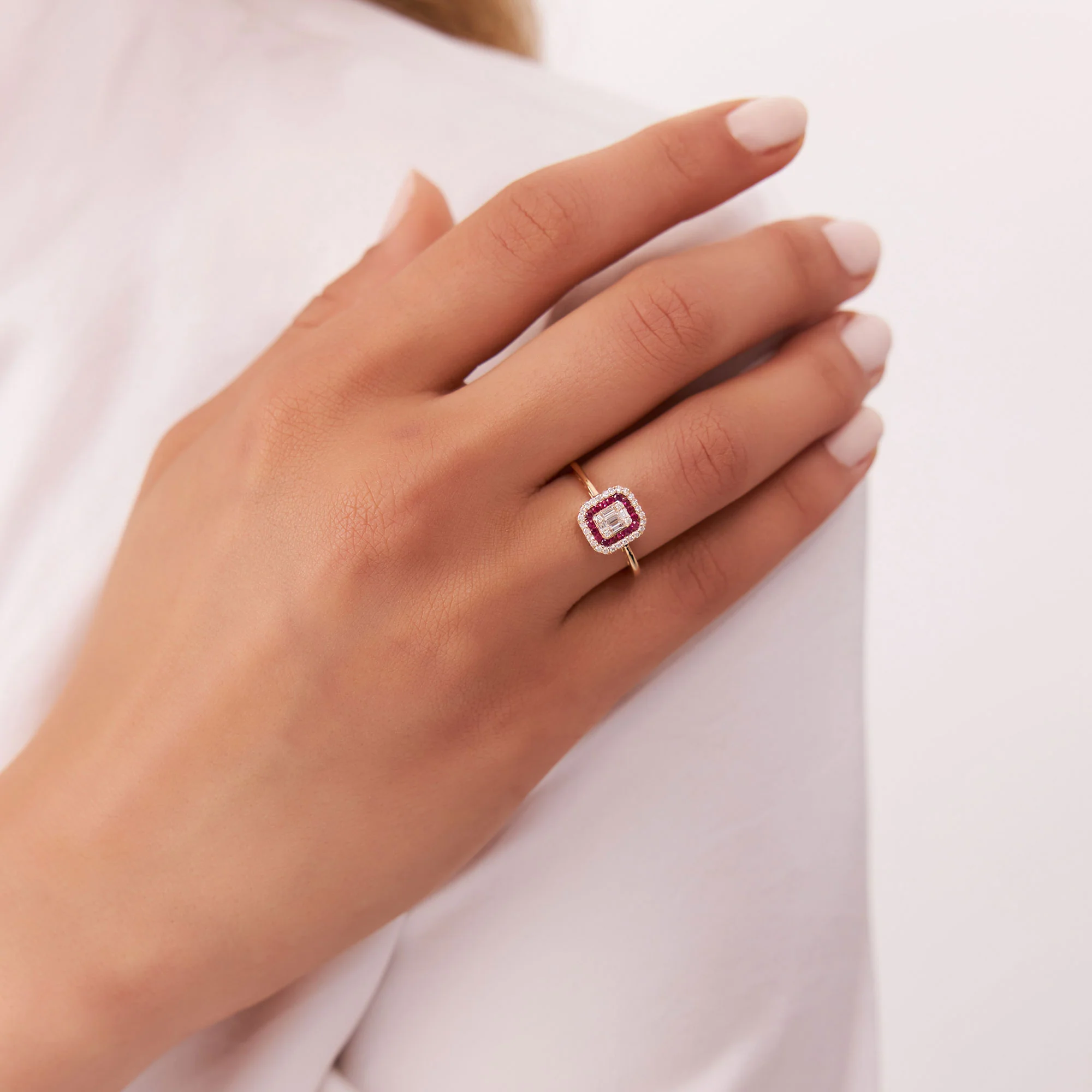 14k Baguette and Round Ruby Ring with Halo Setting - Image 5