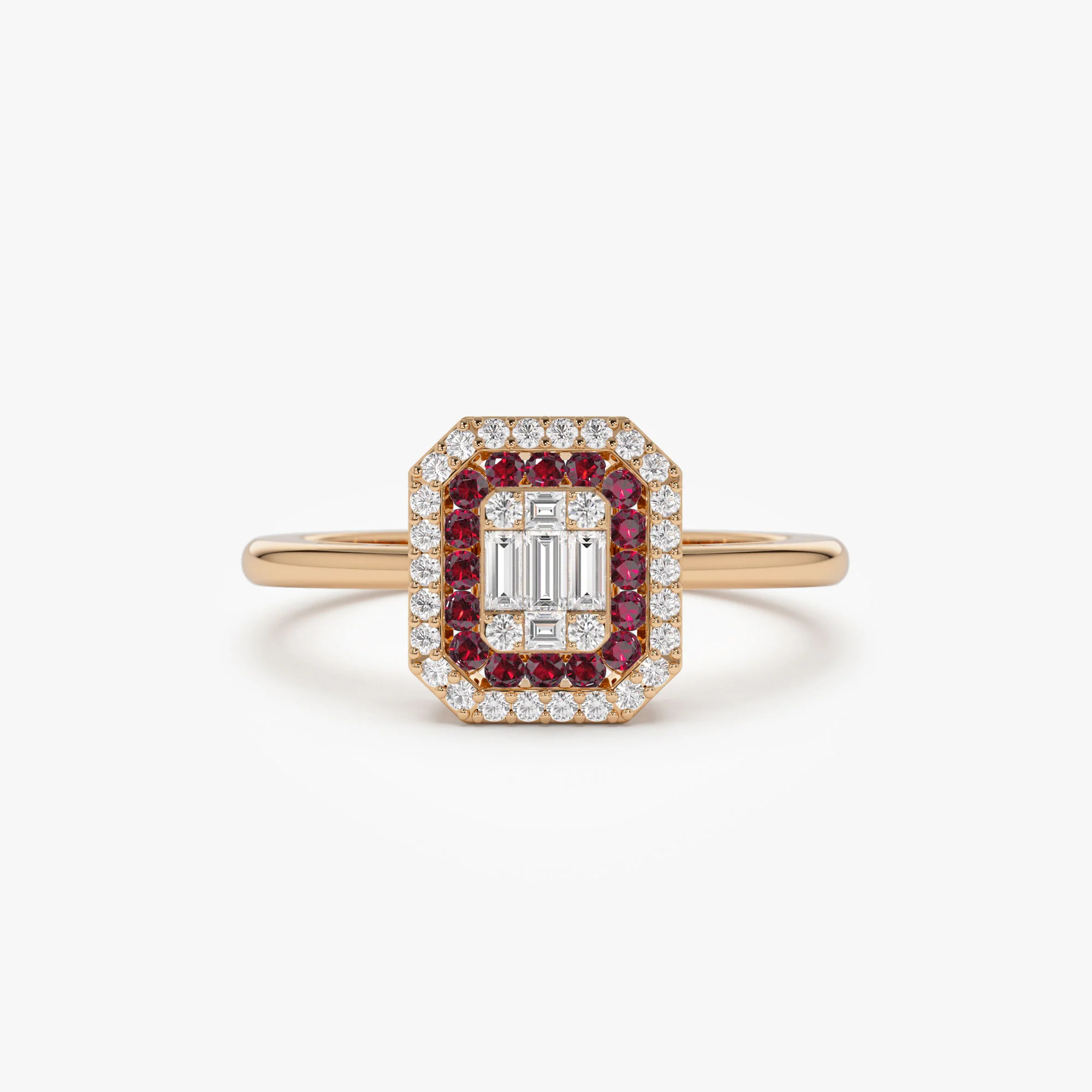 14k Baguette and Round Ruby Ring with Halo Setting - Image 6
