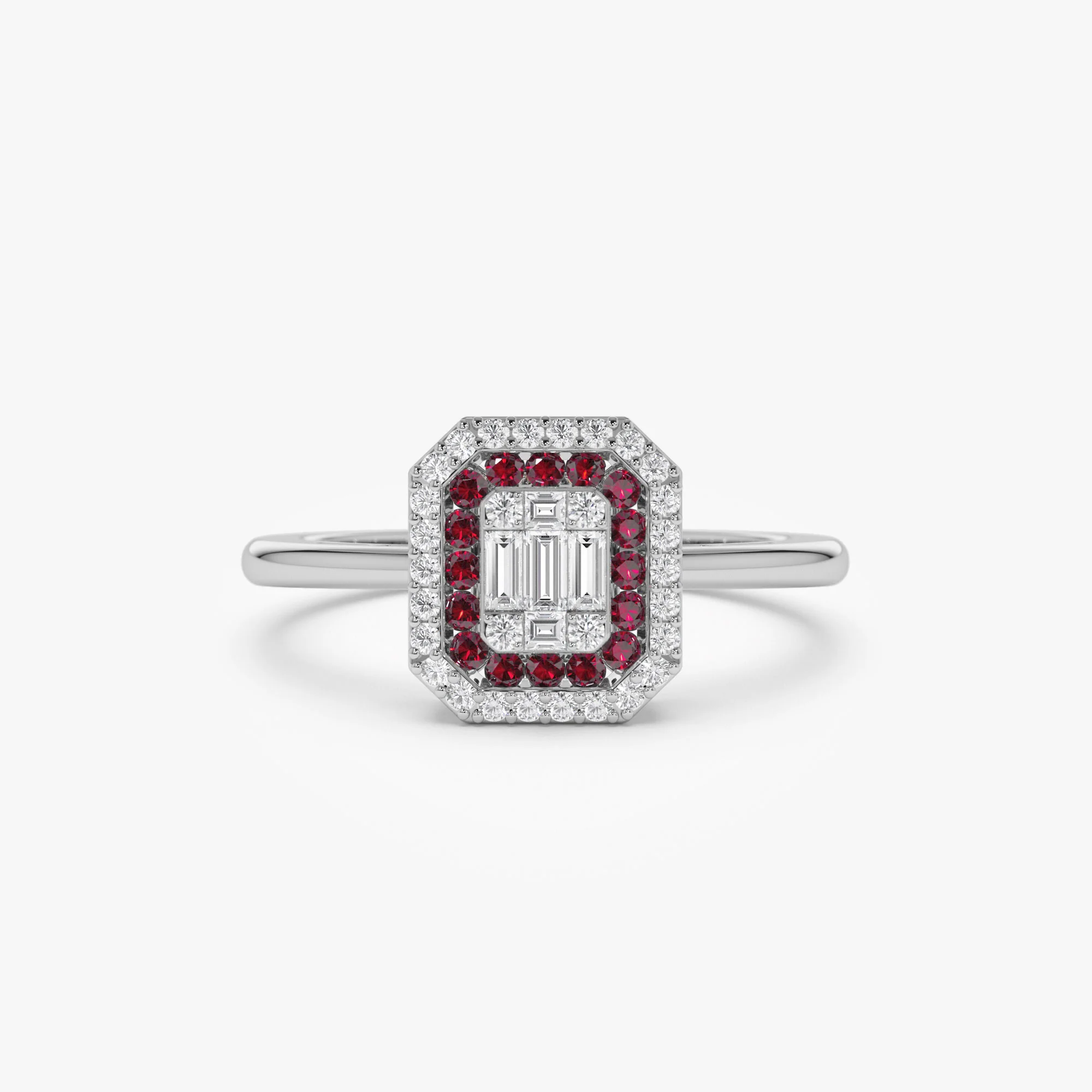 14k Baguette and Round Ruby Ring with Halo Setting - Image 7