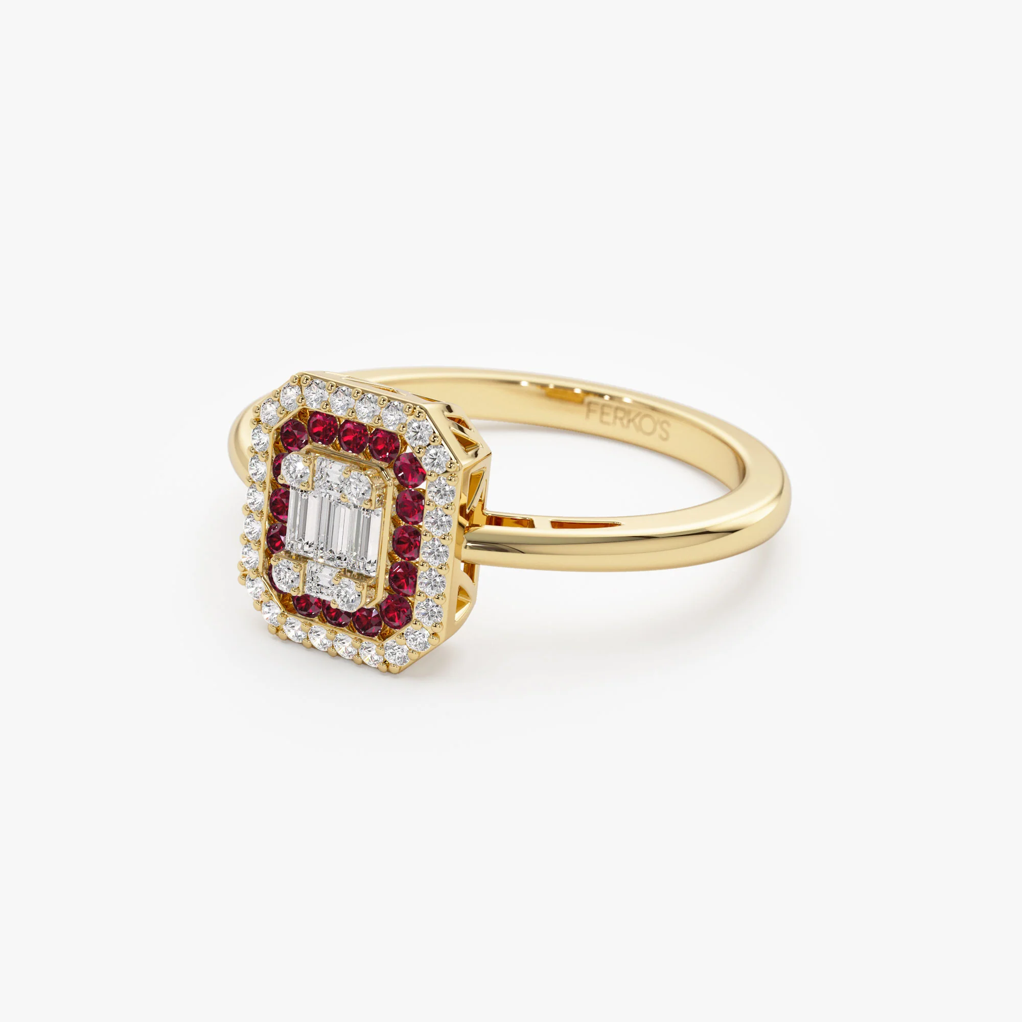 14k Baguette and Round Ruby Ring with Halo Setting - Image 8
