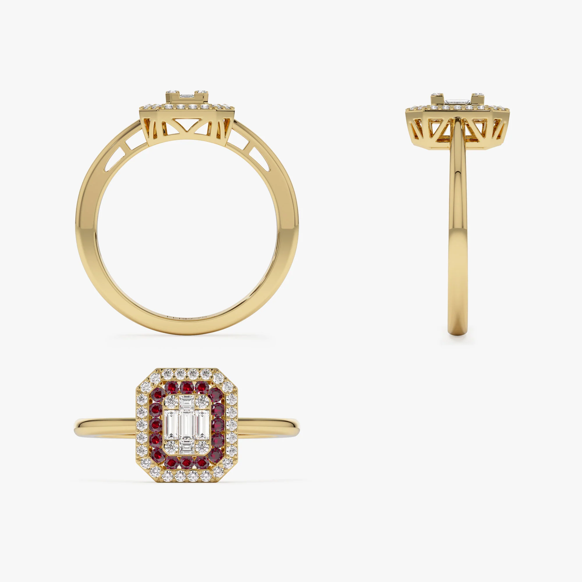 14k Baguette and Round Ruby Ring with Halo Setting - Image 9