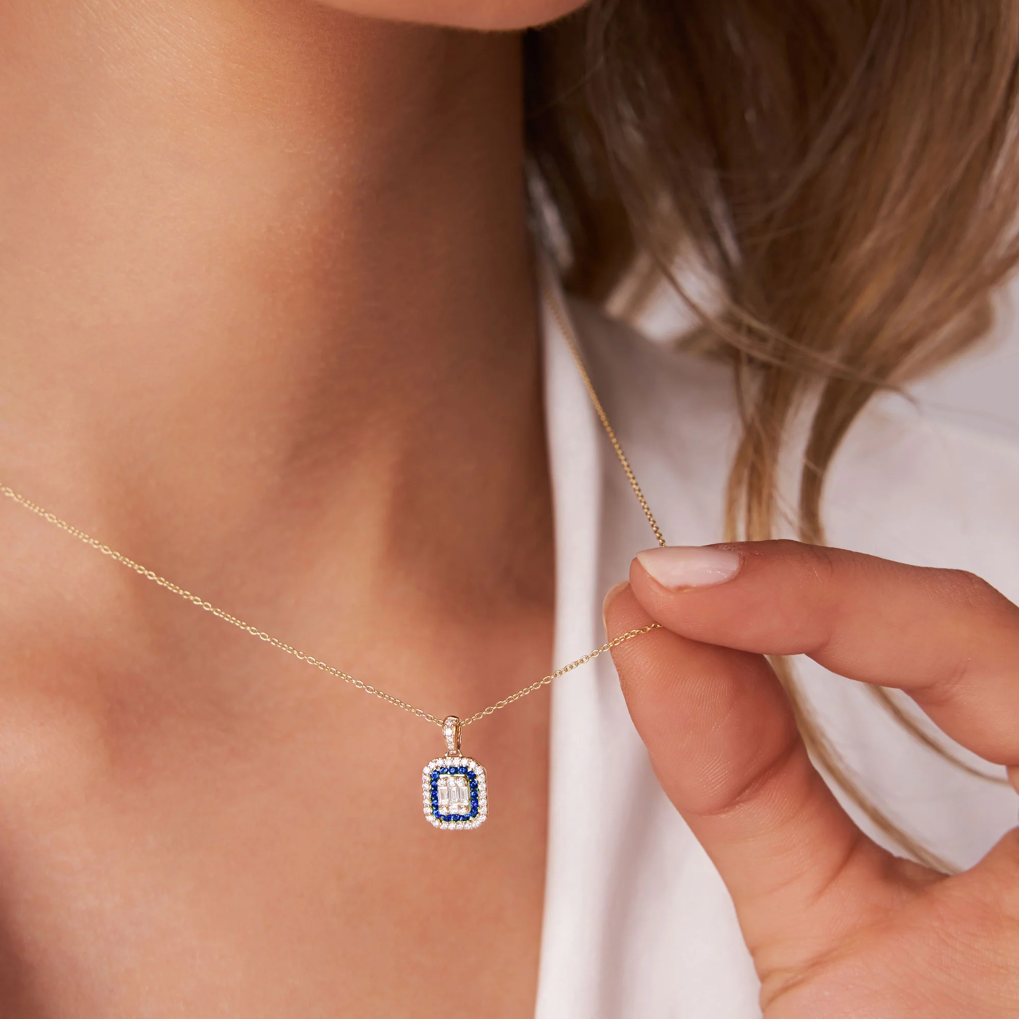 14k Baguette and Round Sapphire Necklace with Halo Setting - Image 2