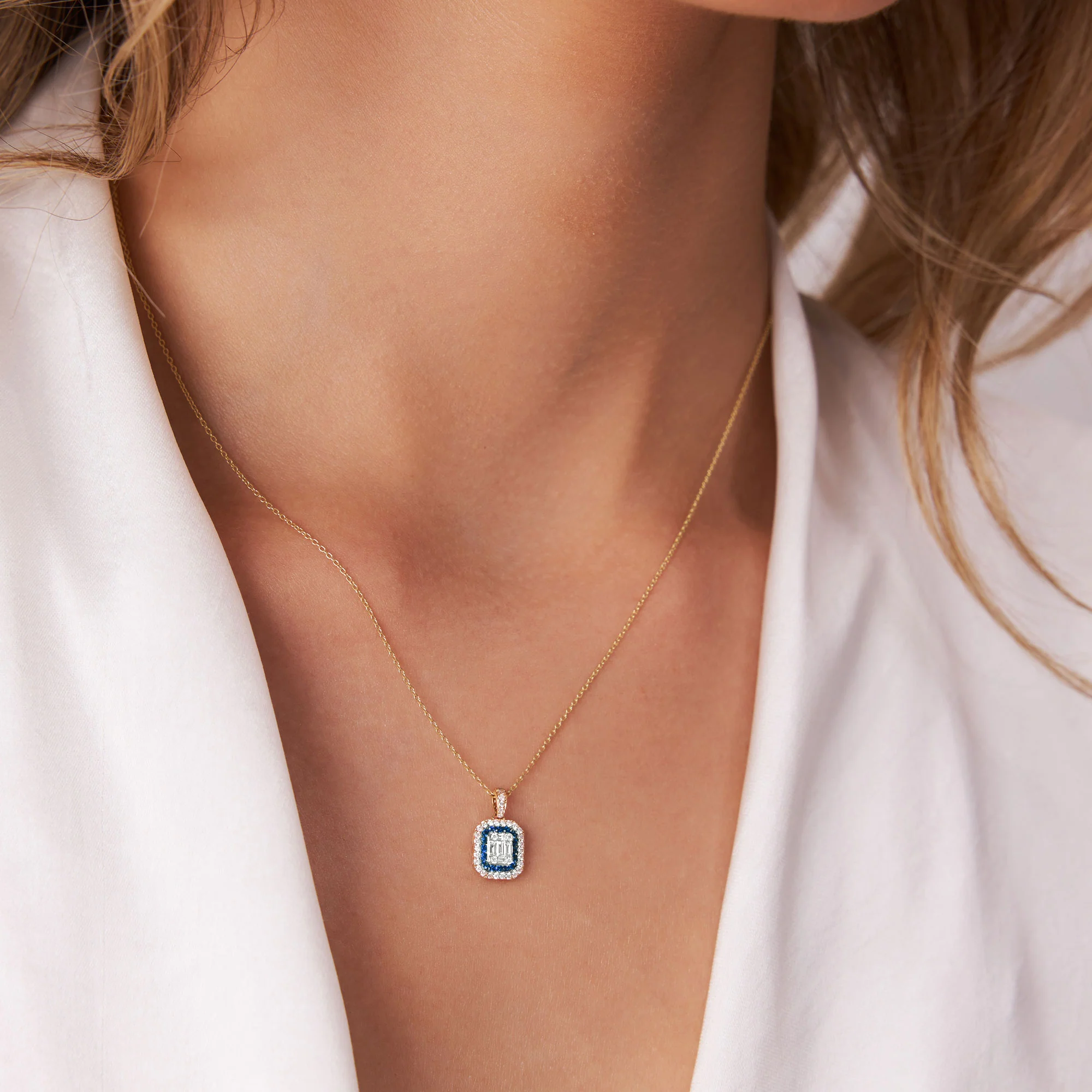 14k Baguette and Round Sapphire Necklace with Halo Setting - Image 3