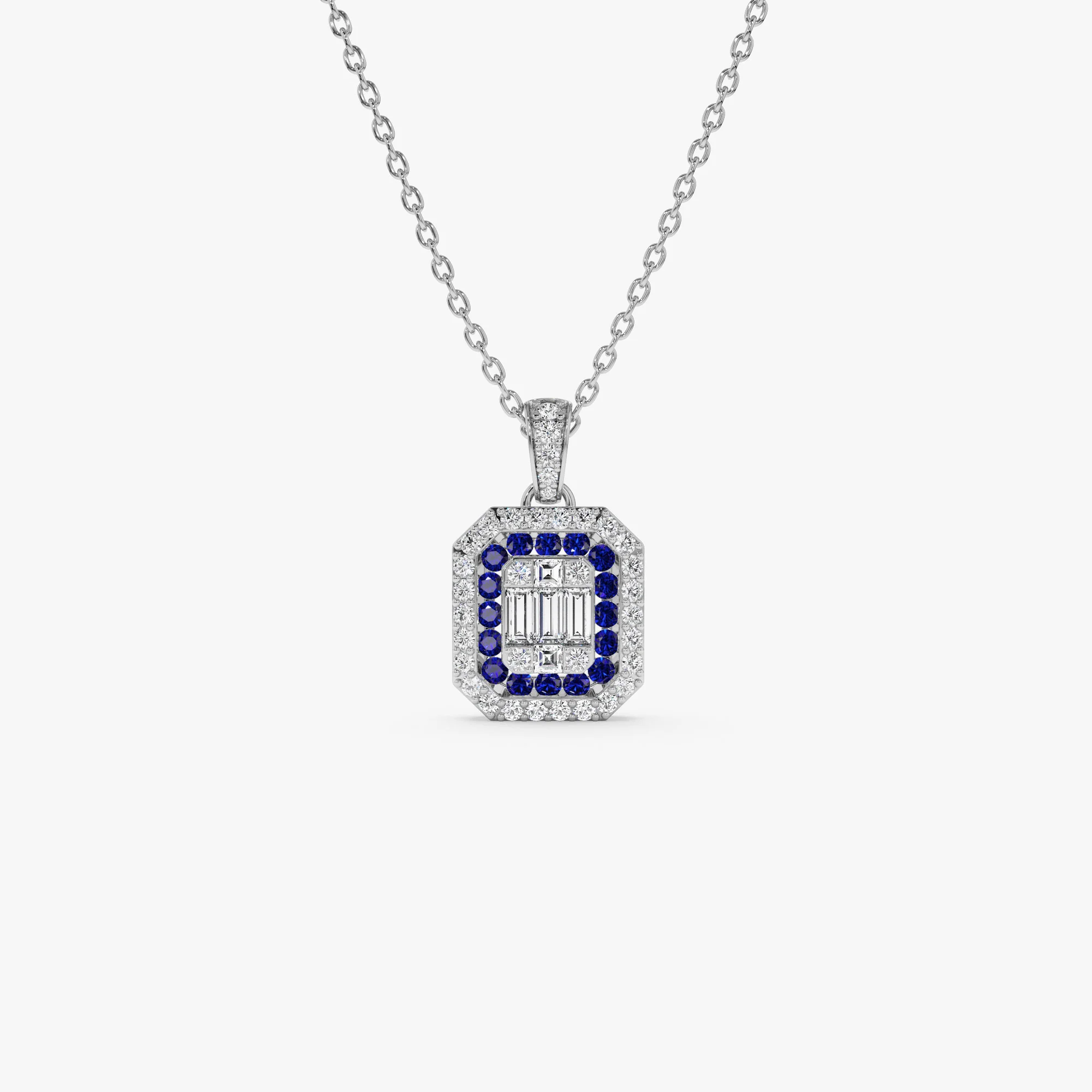 14k Baguette and Round Sapphire Necklace with Halo Setting - Image 4