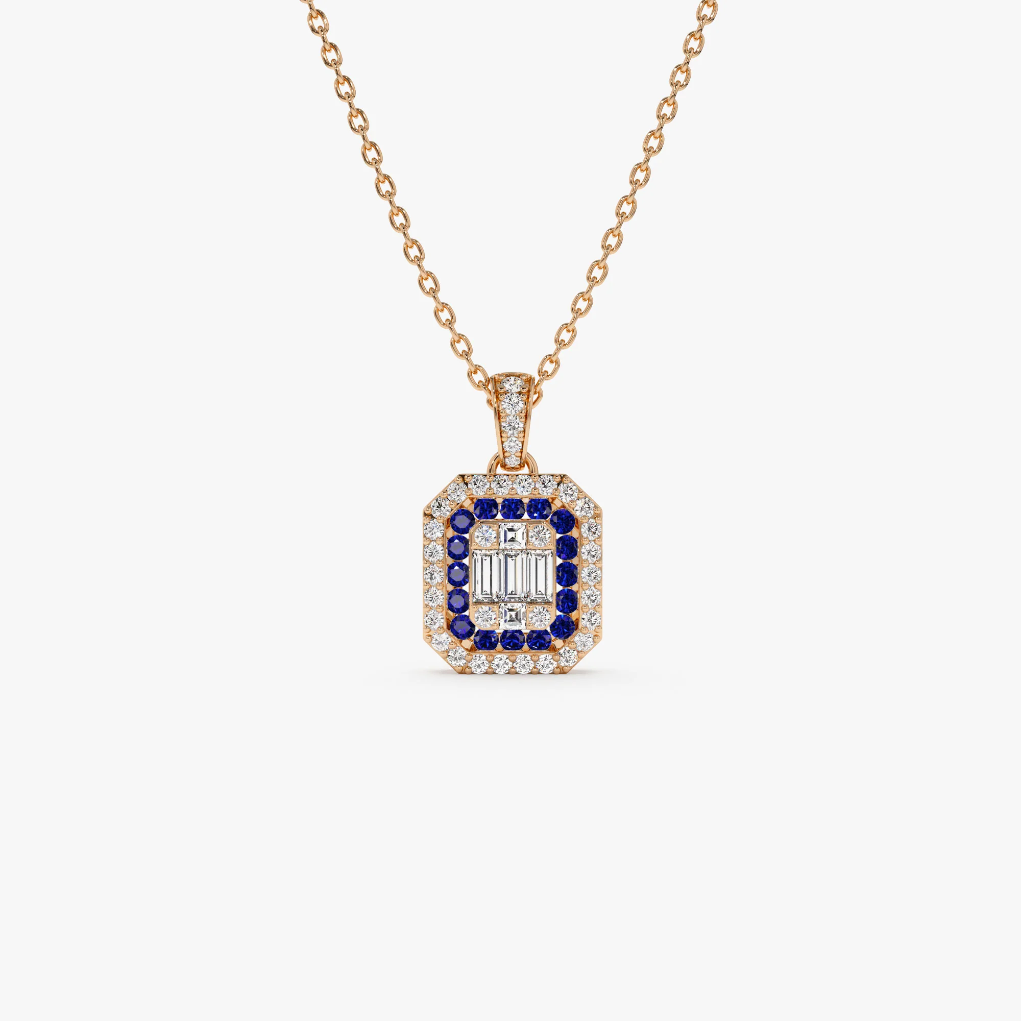 14k Baguette and Round Sapphire Necklace with Halo Setting - Image 5