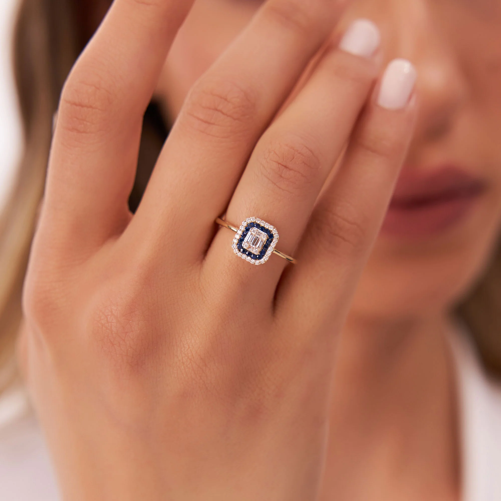 14k Baguette and Round Sapphire Ring with Halo Setting - Image 2
