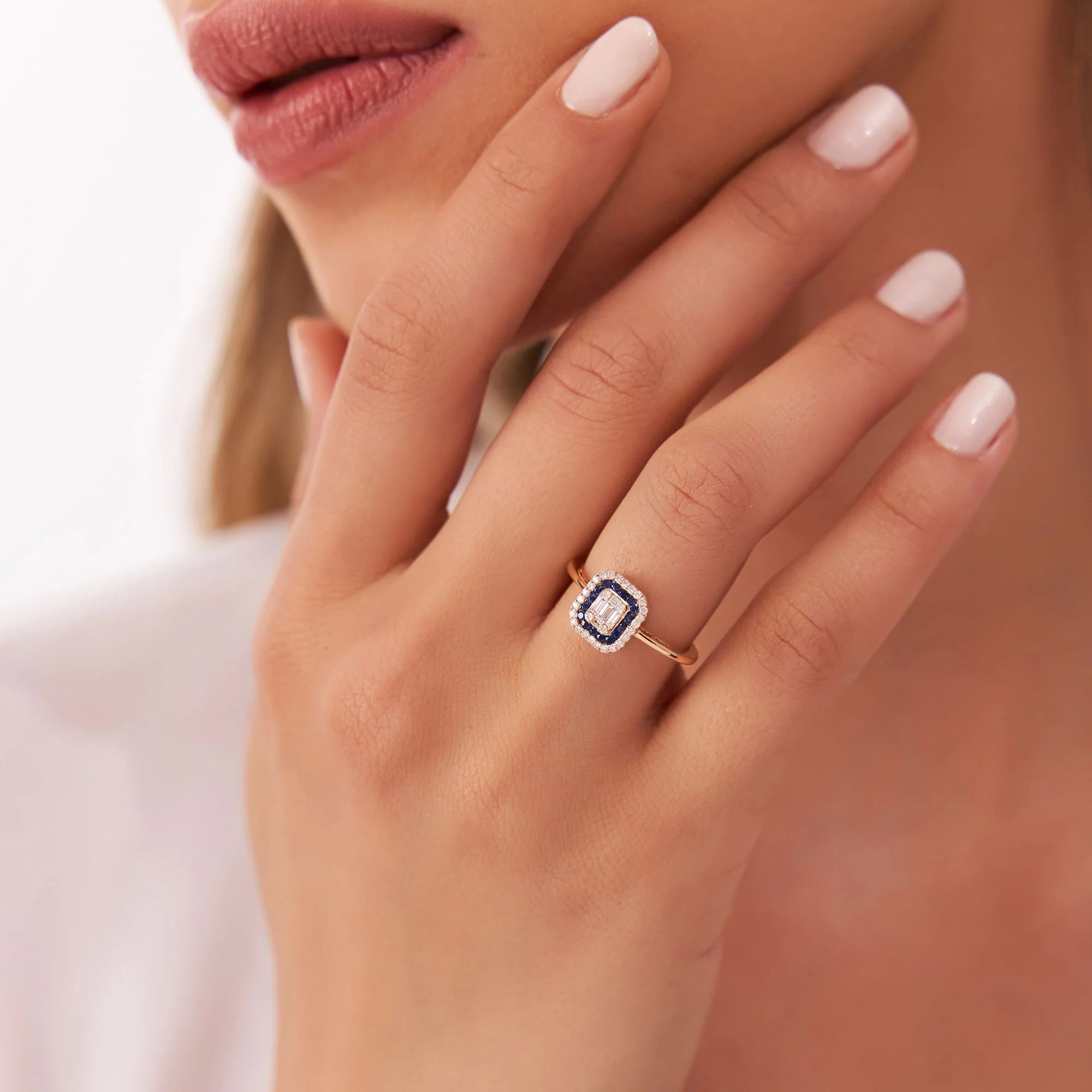 14k Baguette and Round Sapphire Ring with Halo Setting - Image 3