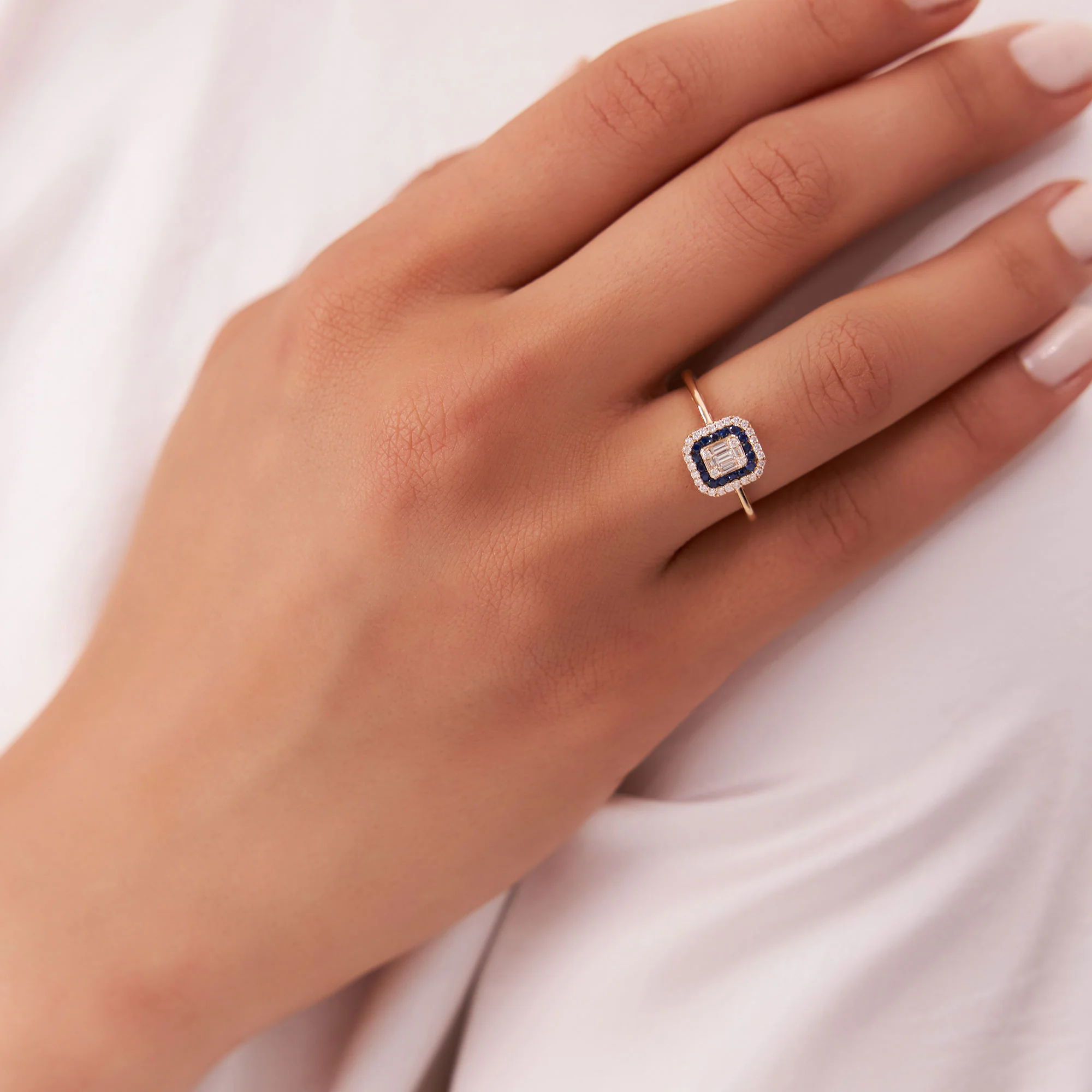 14k Baguette and Round Sapphire Ring with Halo Setting - Image 5