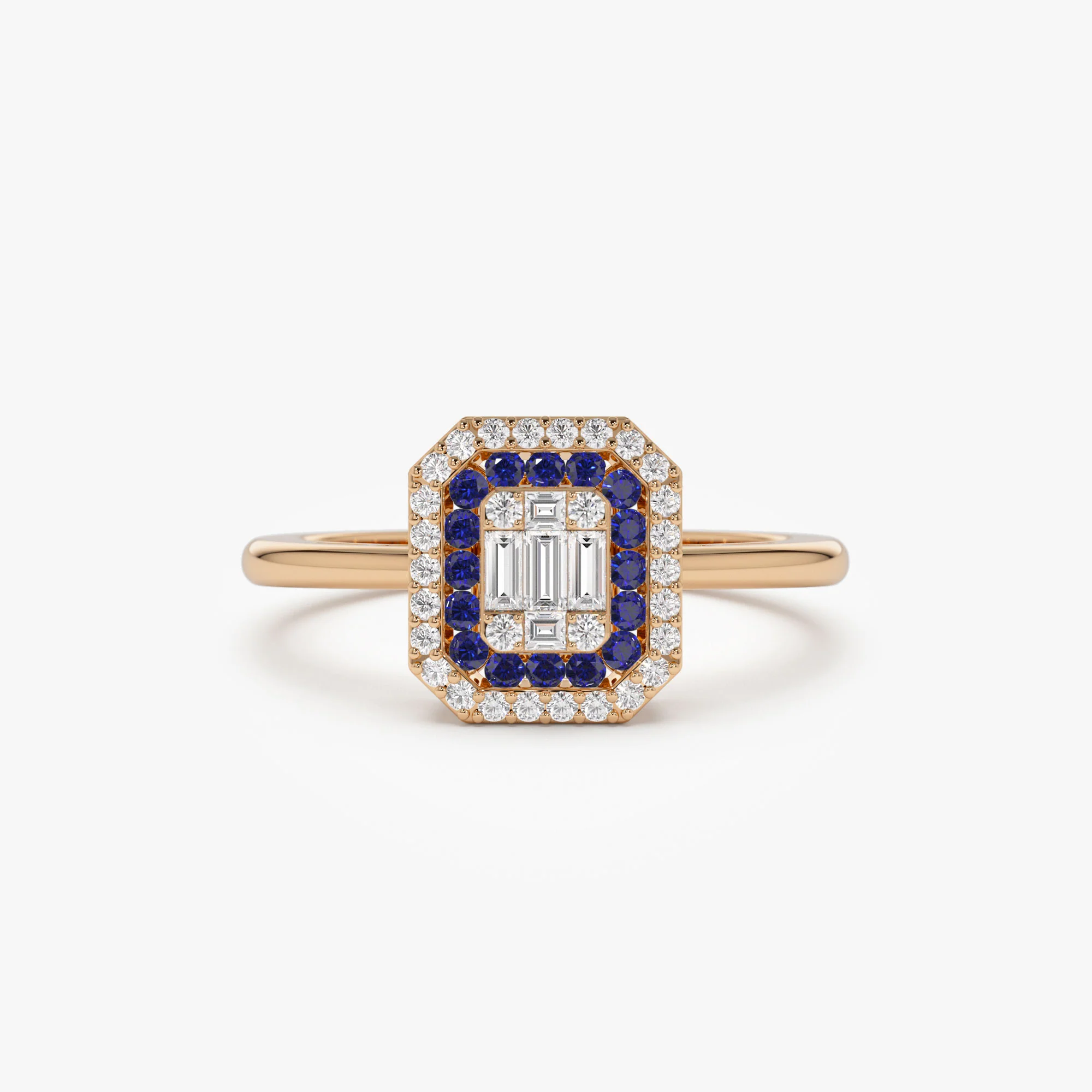 14k Baguette and Round Sapphire Ring with Halo Setting - Image 6