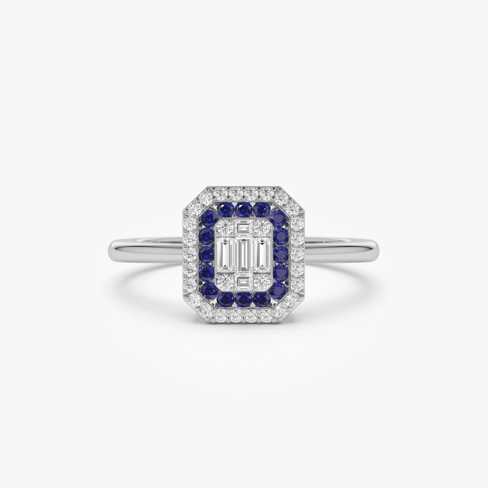 14k Baguette and Round Sapphire Ring with Halo Setting - Image 7