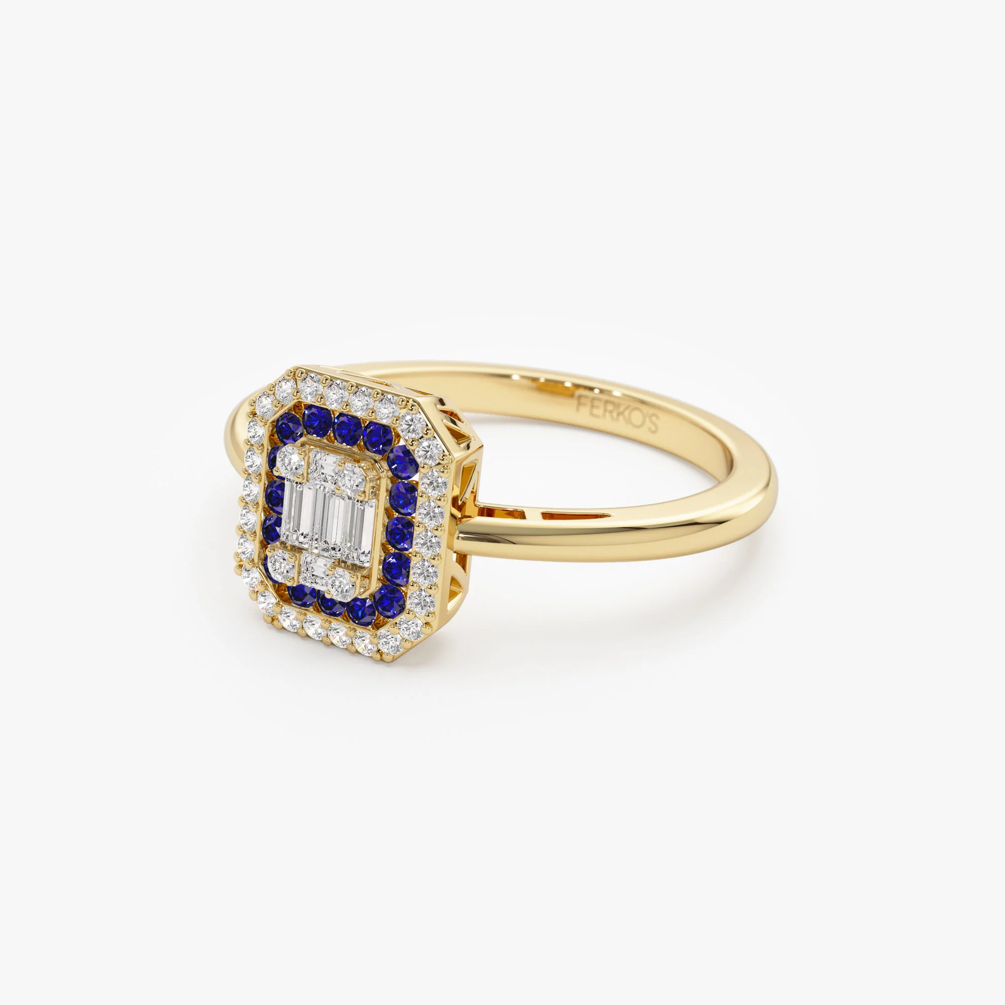 14k Baguette and Round Sapphire Ring with Halo Setting - Image 8