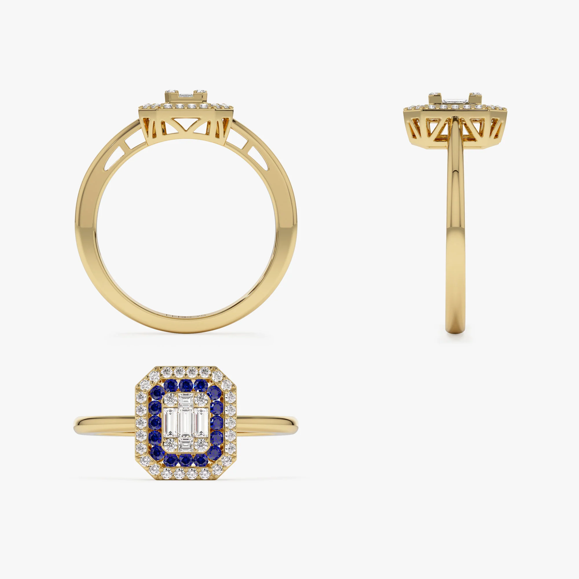 14k Baguette and Round Sapphire Ring with Halo Setting - Image 9
