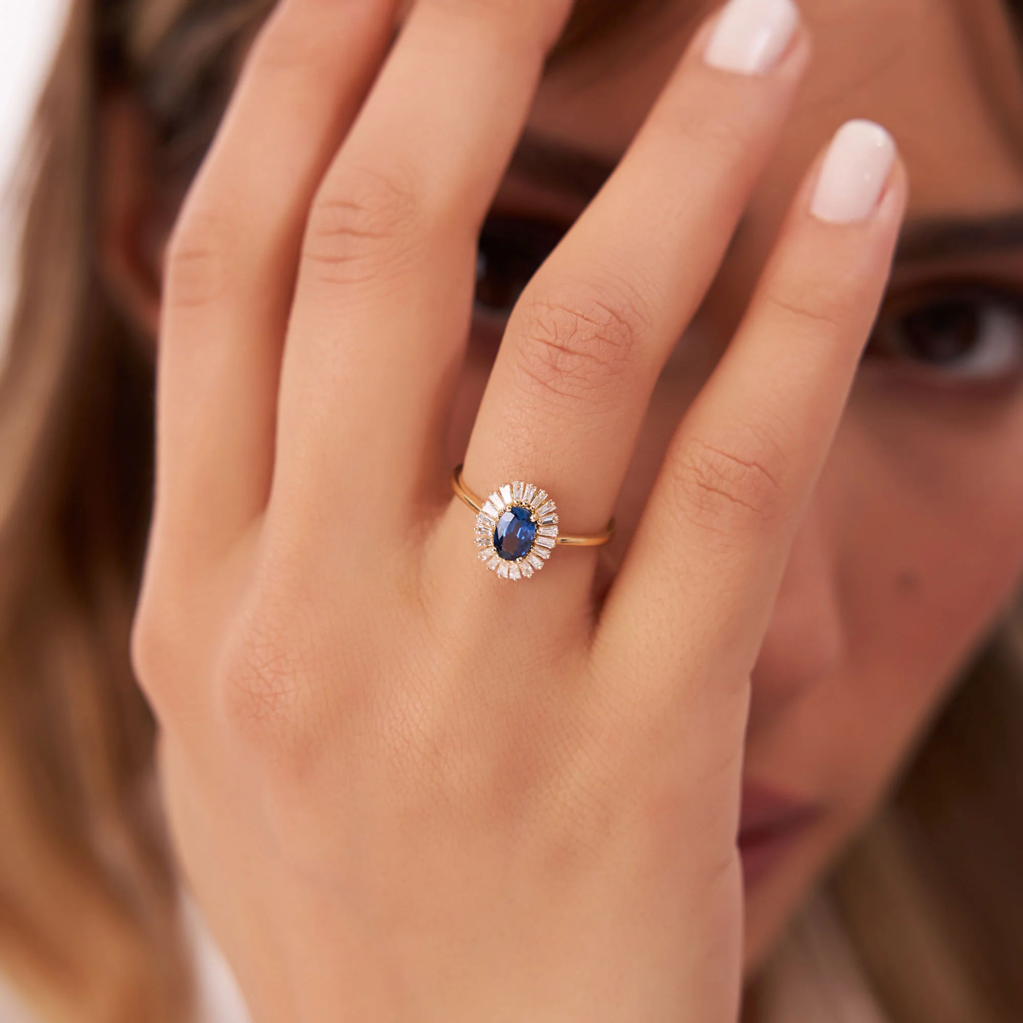 14k Baguette Diamond Ballerina Oval Sapphire Ring - Image 2