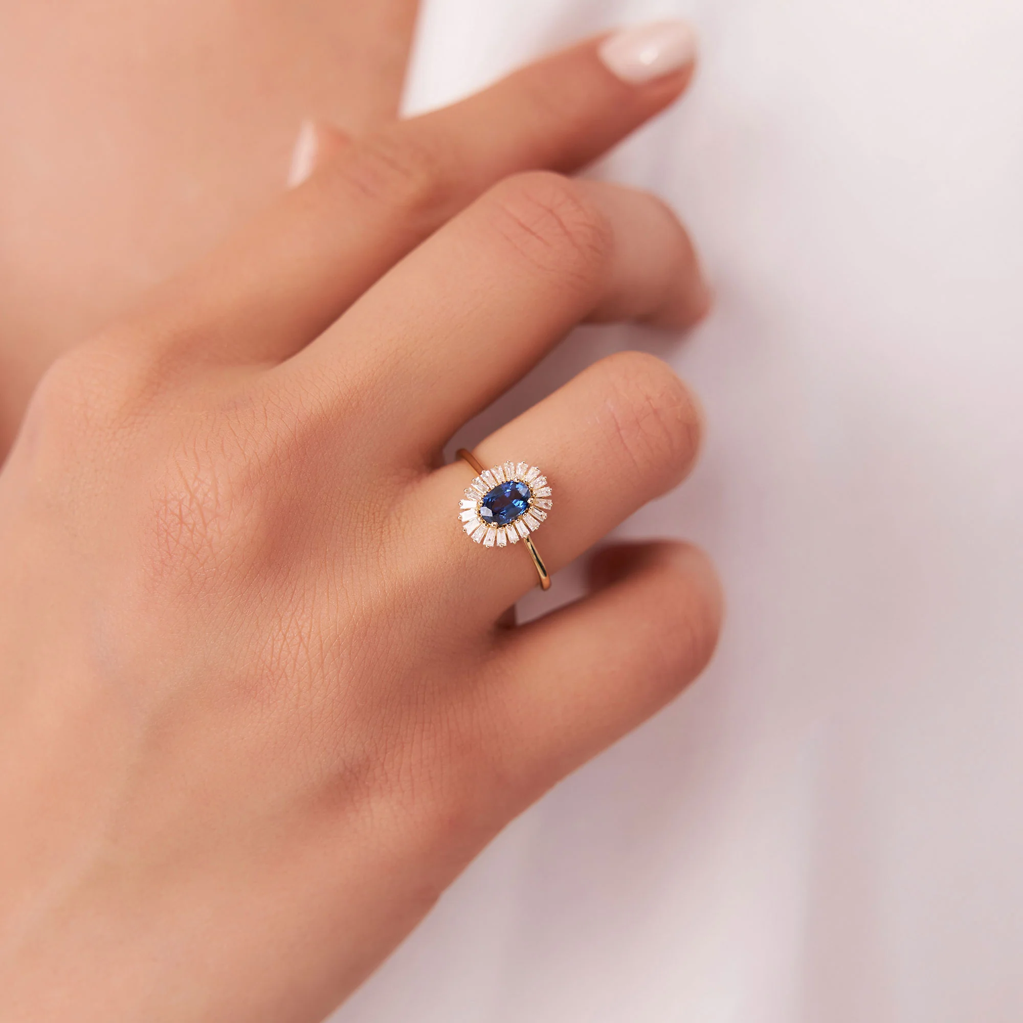 14k Baguette Diamond Ballerina Oval Sapphire Ring - Image 4
