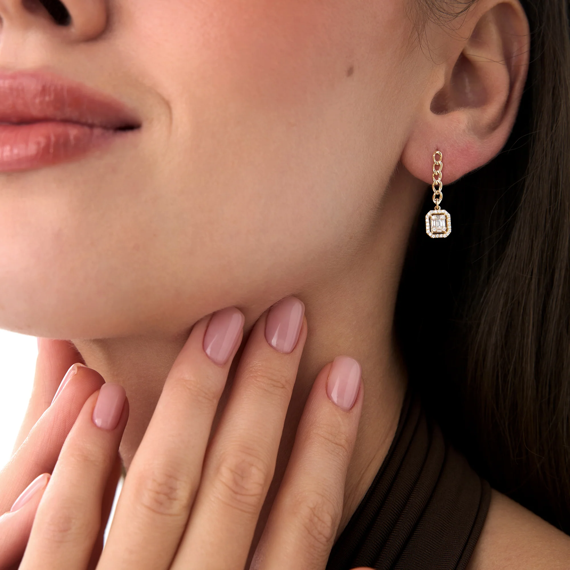 14k Baguette Diamond Halo Chain Earrings - Image 2