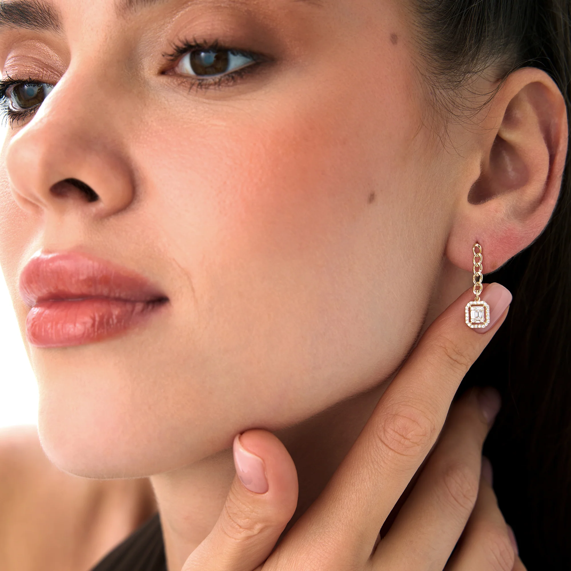 14k Baguette Diamond Halo Chain Earrings - Image 4