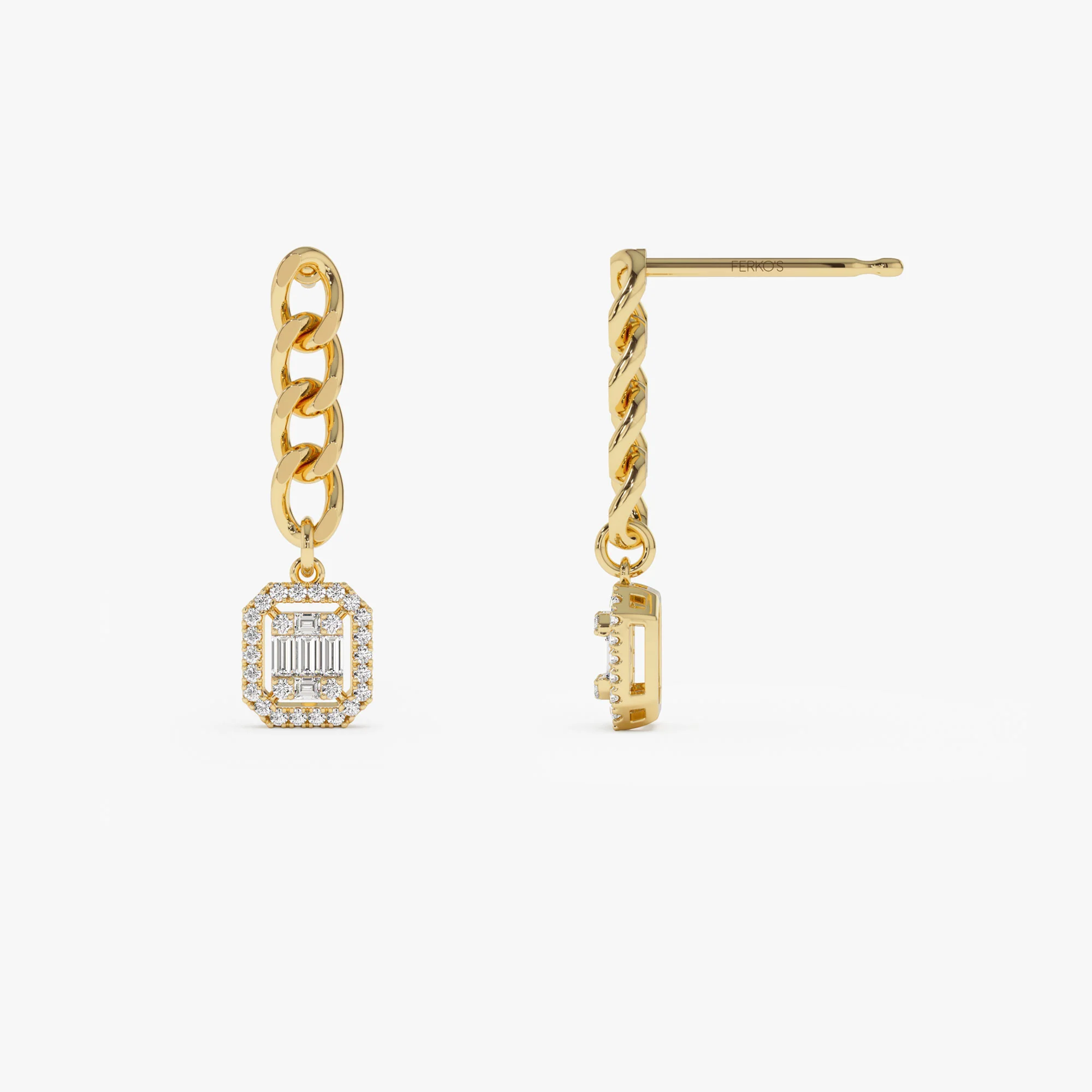 14k Baguette Diamond Halo Chain Earrings - Image 5