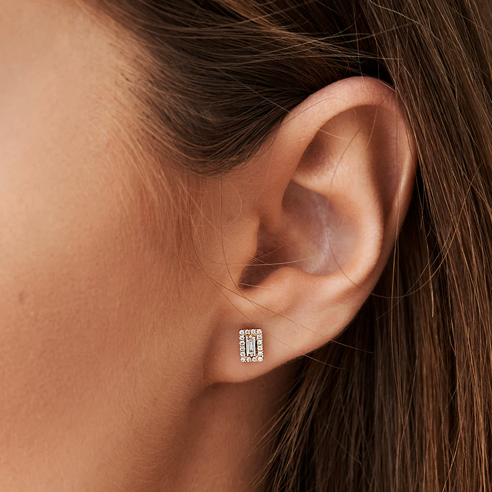 14k Baguette Diamond Halo Setting Diamond Studs - Image 3