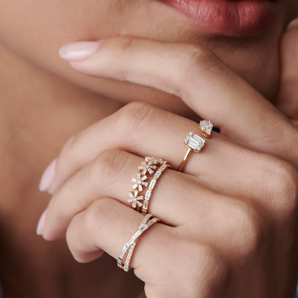 14K Baguette Diamond Multi Flower Design Ring - Image 3