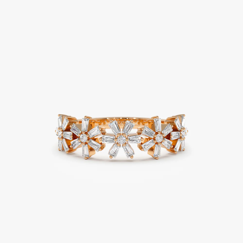14K Baguette Diamond Multi Flower Design Ring - Image 8