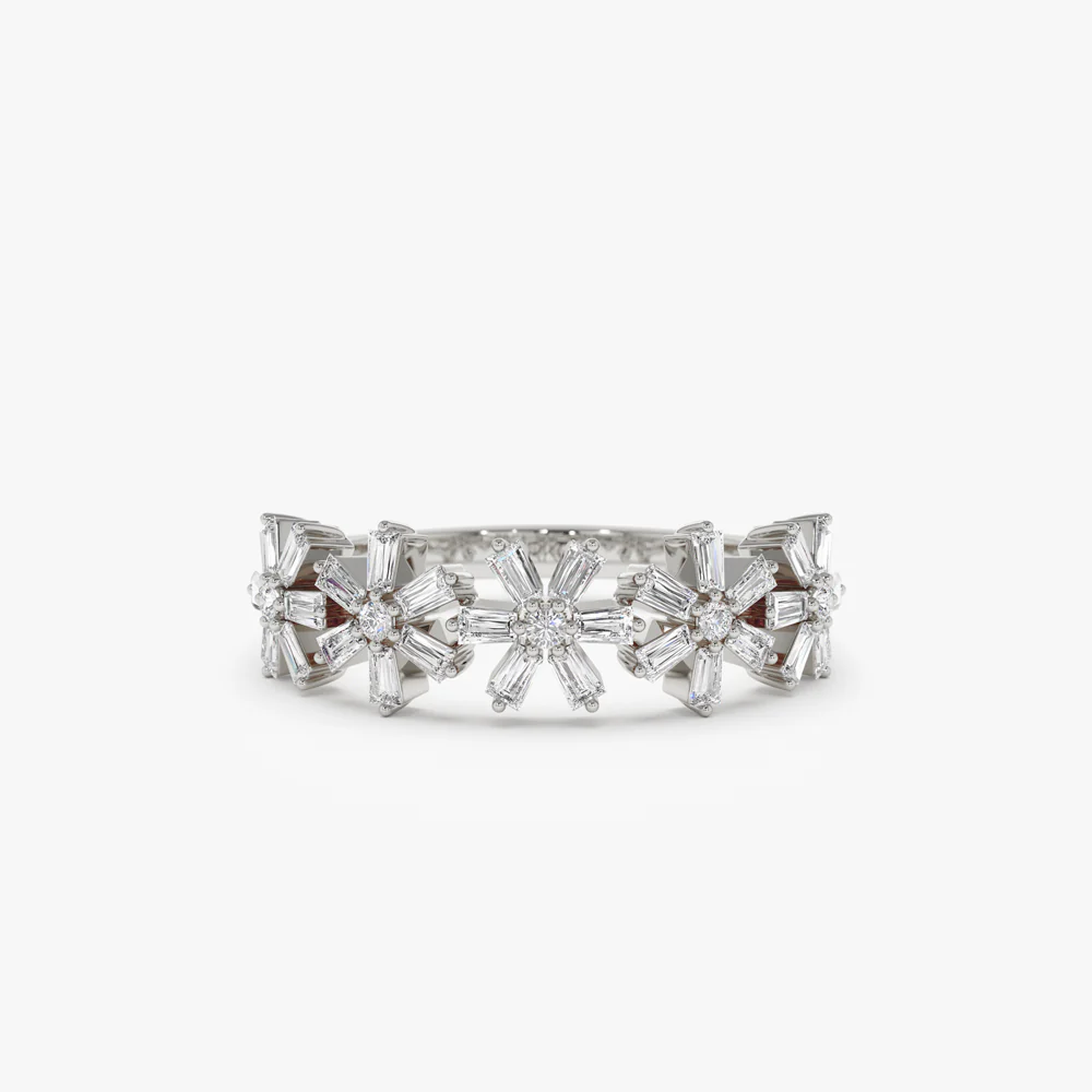 14K Baguette Diamond Multi Flower Design Ring - Image 9
