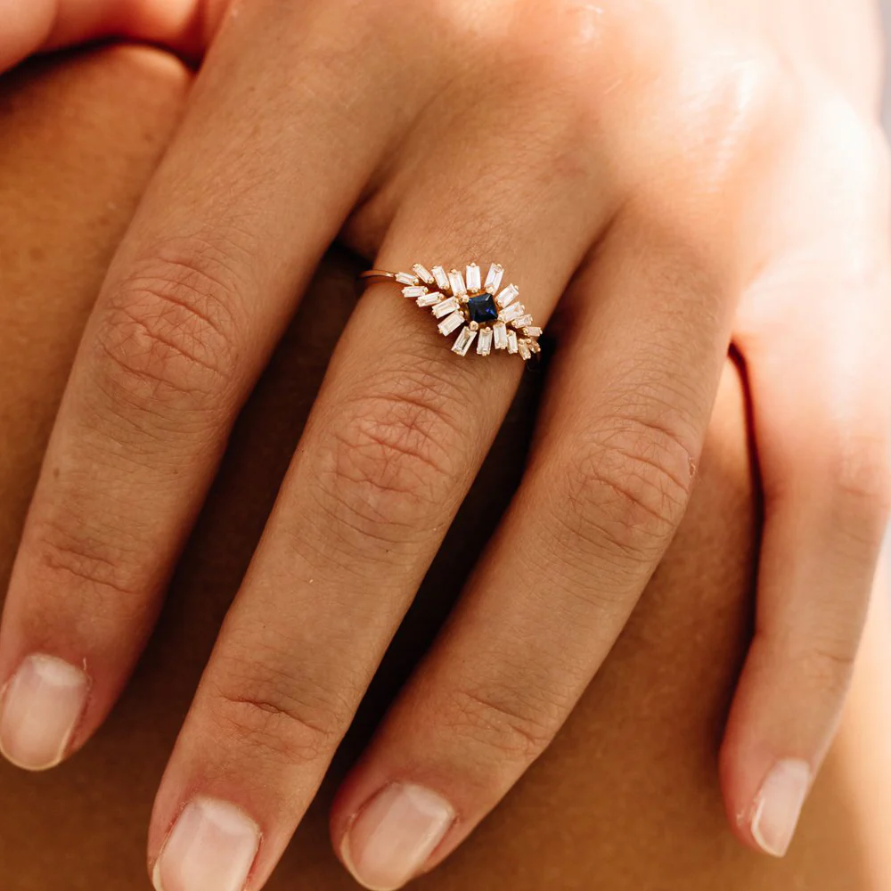 14K Baguette Diamond Ring with Square Sapphire - Image 3
