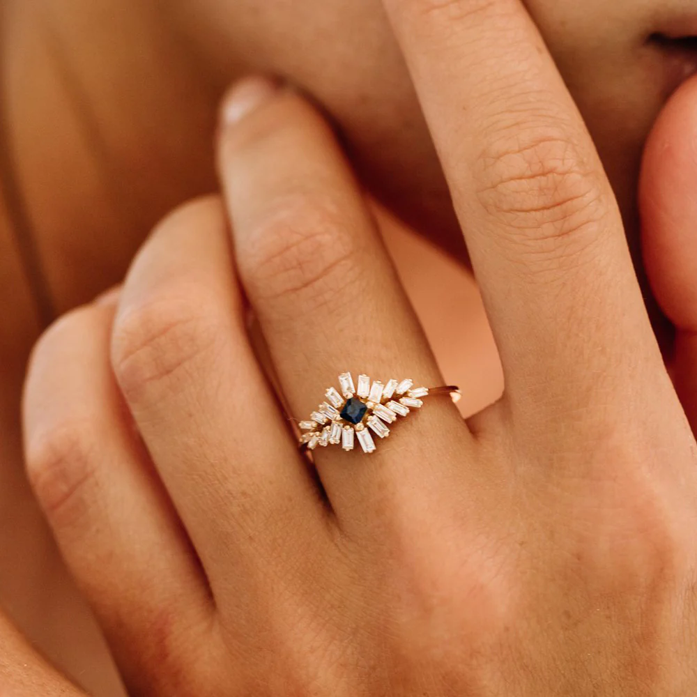 14K Baguette Diamond Ring with Square Sapphire - Image 4