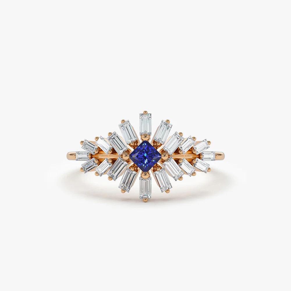 14K Baguette Diamond Ring with Square Sapphire - Image 5