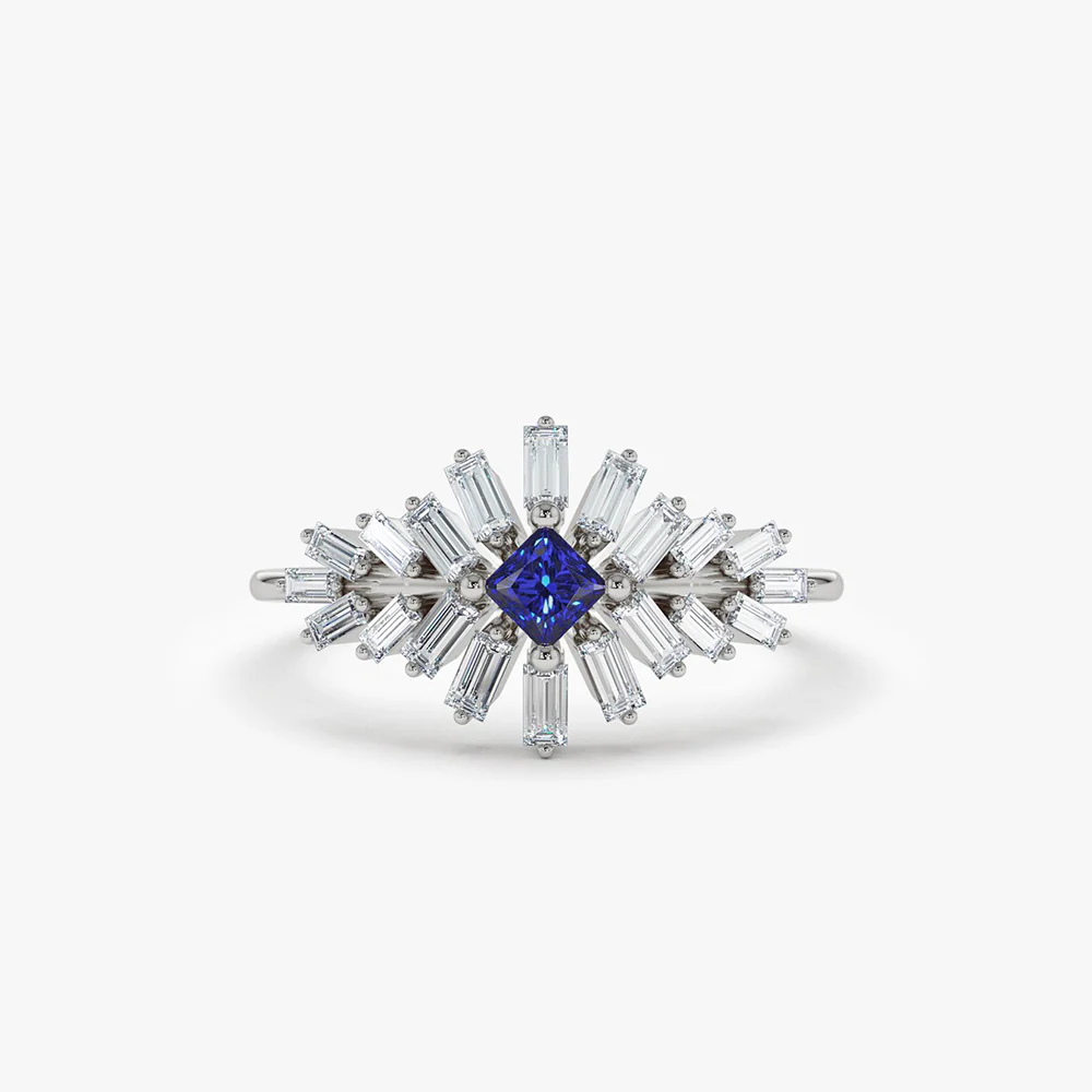 14K Baguette Diamond Ring with Square Sapphire - Image 6
