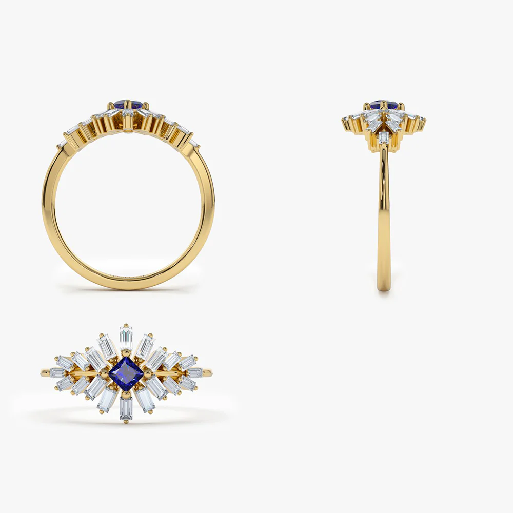 14K Baguette Diamond Ring with Square Sapphire - Image 8
