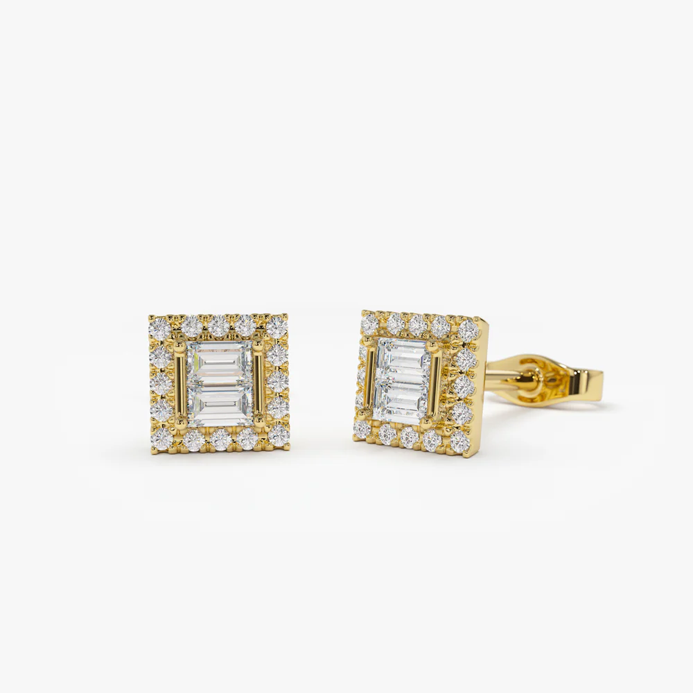 14k Baguette Diamond Studs in Halo Setting