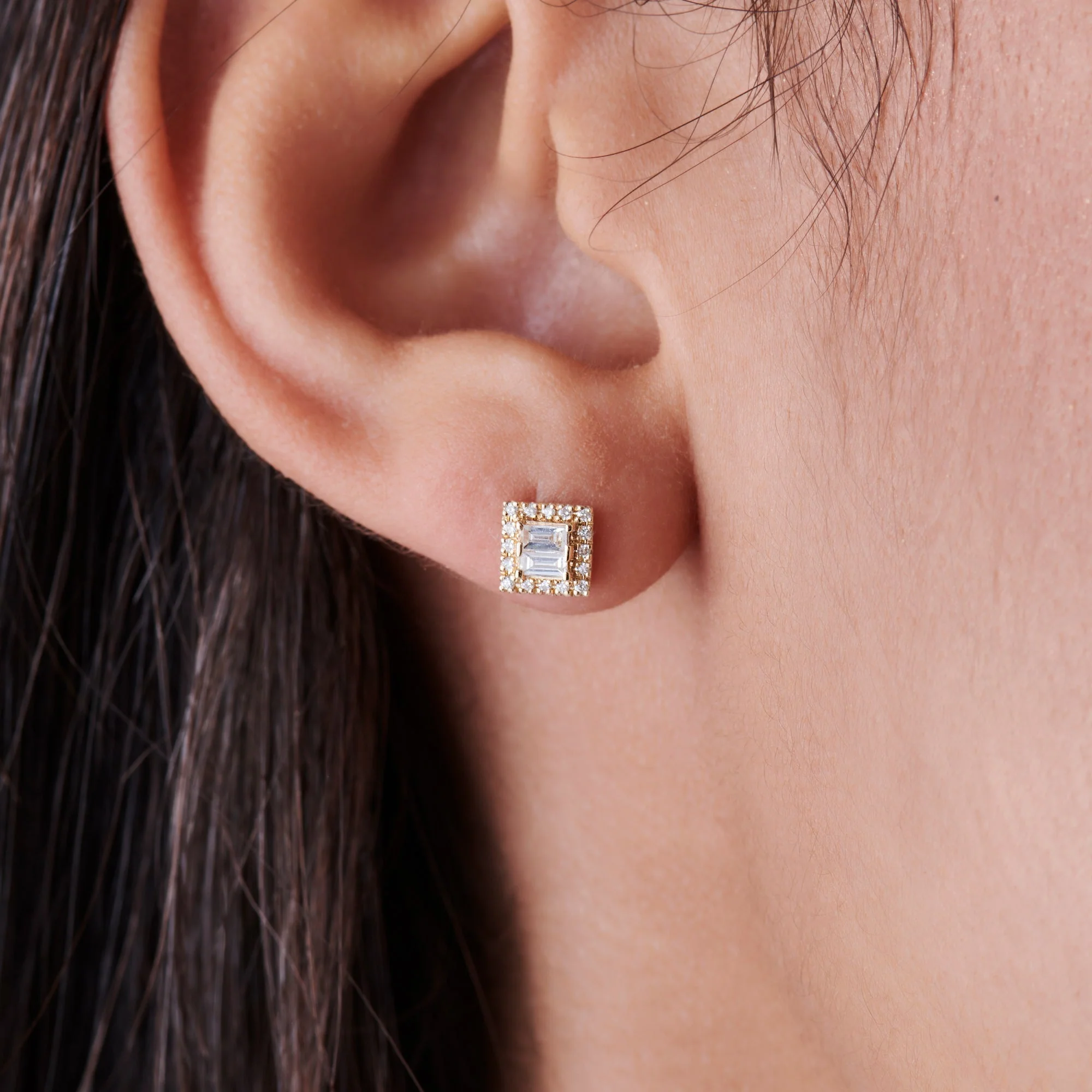 14k Baguette Diamond Studs in Halo Setting - Image 2