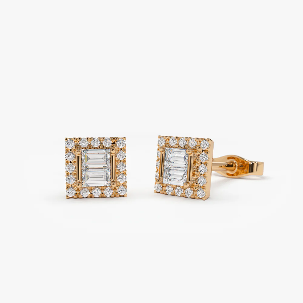 14k Baguette Diamond Studs in Halo Setting - Image 3