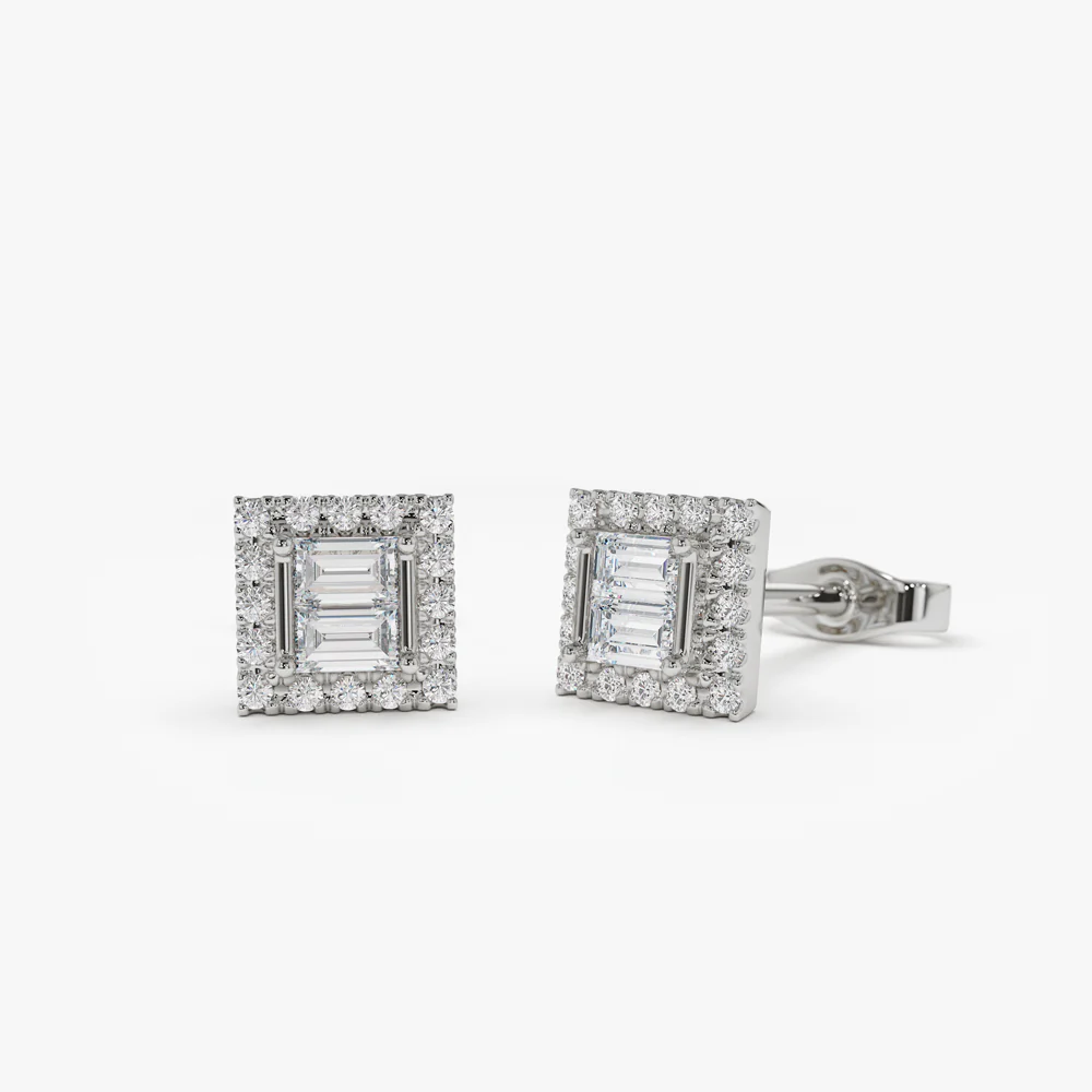 14k Baguette Diamond Studs in Halo Setting - Image 4