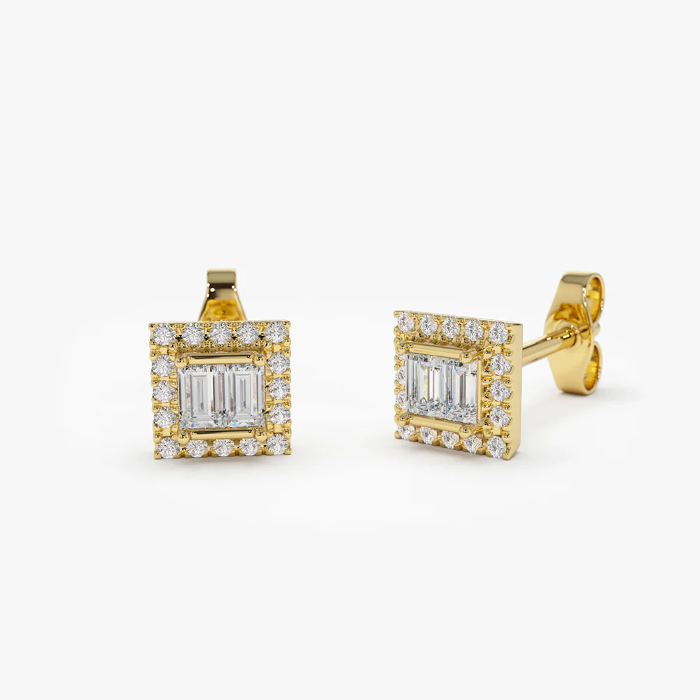 14k Baguette Diamond Studs in Halo Setting - Image 5