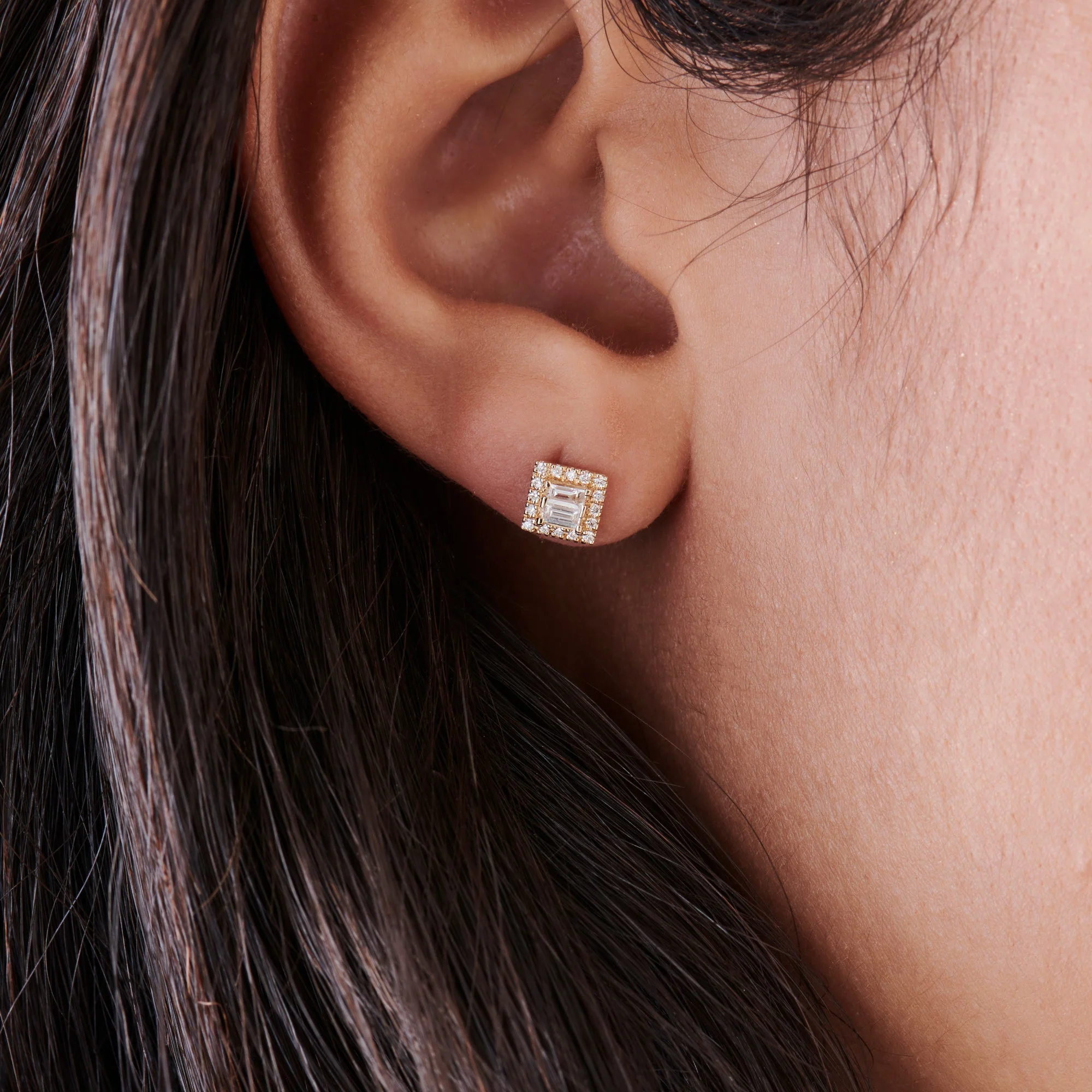 14k Baguette Diamond Studs in Halo Setting - Image 6