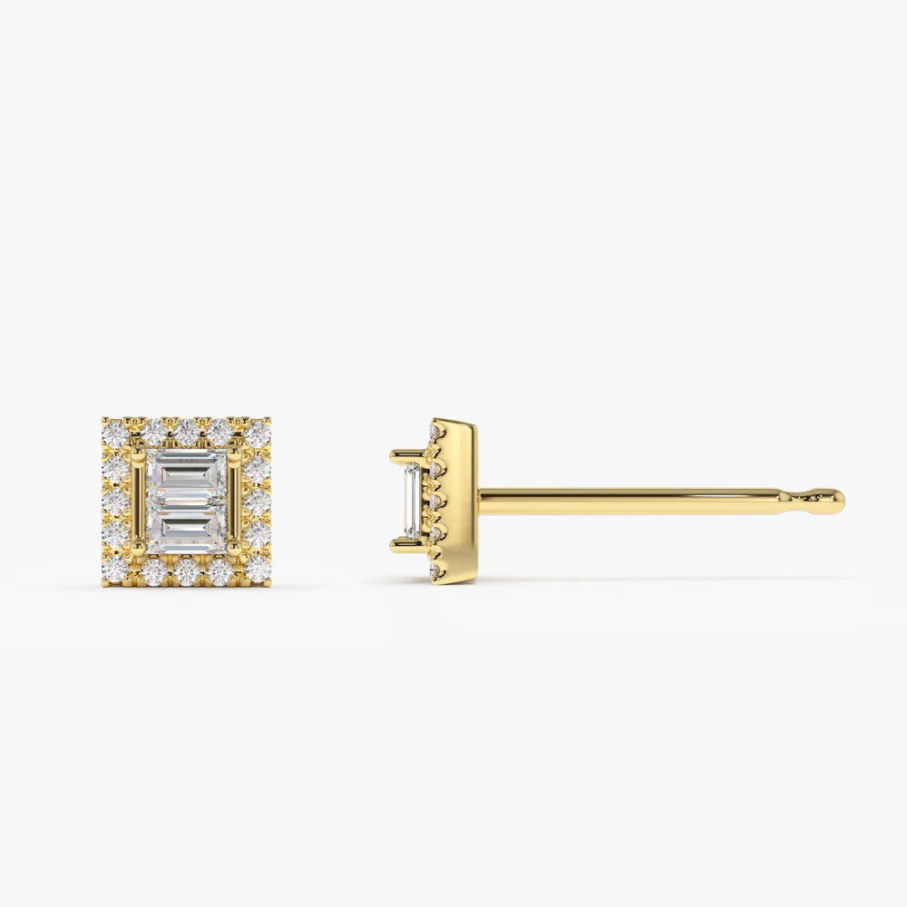 14k Baguette Diamond Studs in Halo Setting - Image 7
