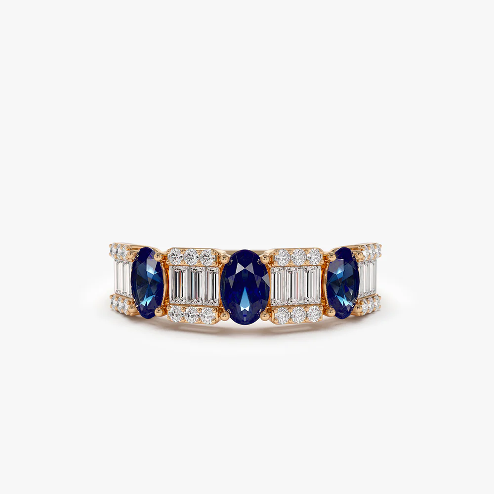 14K Baguette & Round Diamond with Genuine Sapphire Ring - Image 6