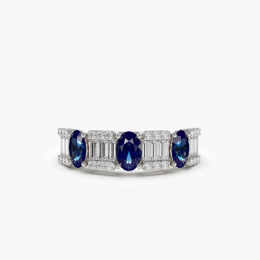 14K Baguette & Round Diamond with Genuine Sapphire Ring - Image 7