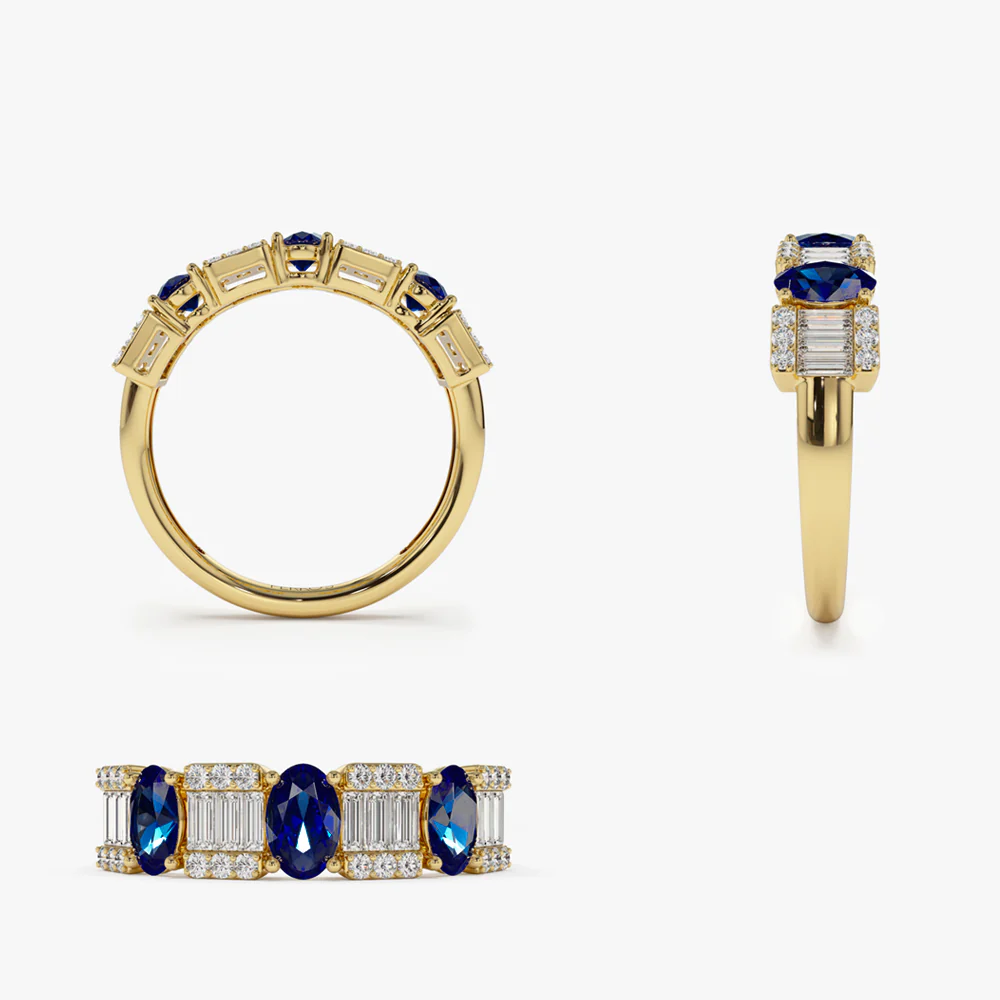 14K Baguette & Round Diamond with Genuine Sapphire Ring - Image 8