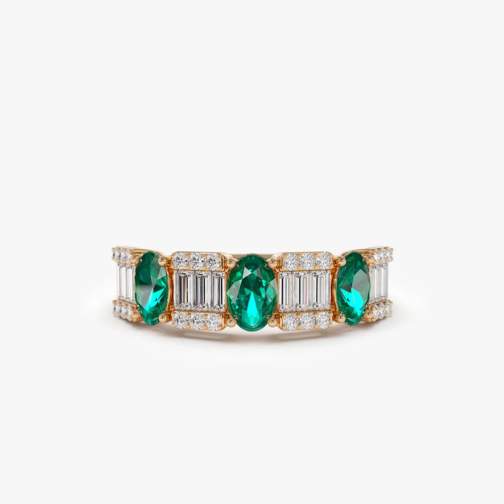 14K Baguette & Round Diamond with Genuine Emerald Ring - Image 6