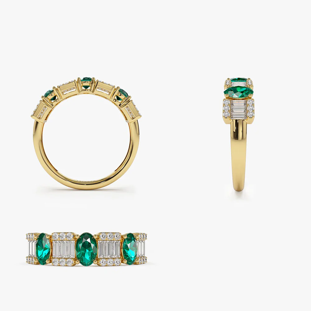 14K Baguette & Round Diamond with Genuine Emerald Ring - Image 9