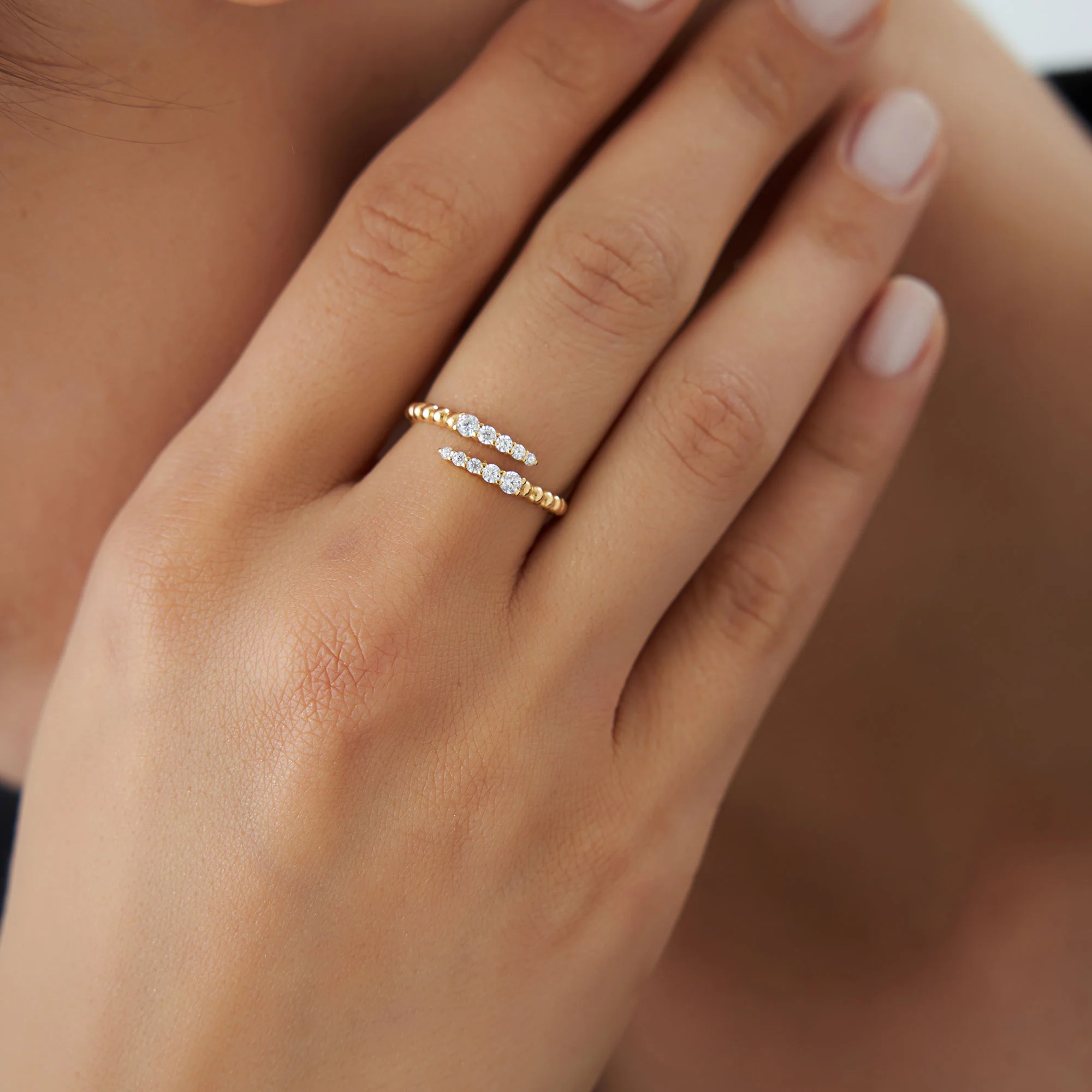 14k Beaded Diamond Cross Over Ring - Image 2