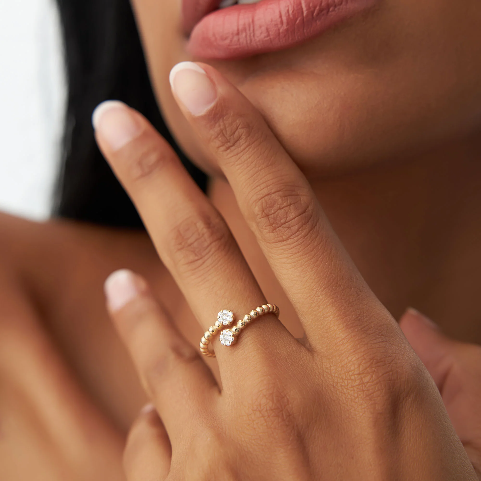 14k Beaded Open Bypass Diamond Illusion Ring - Image 2