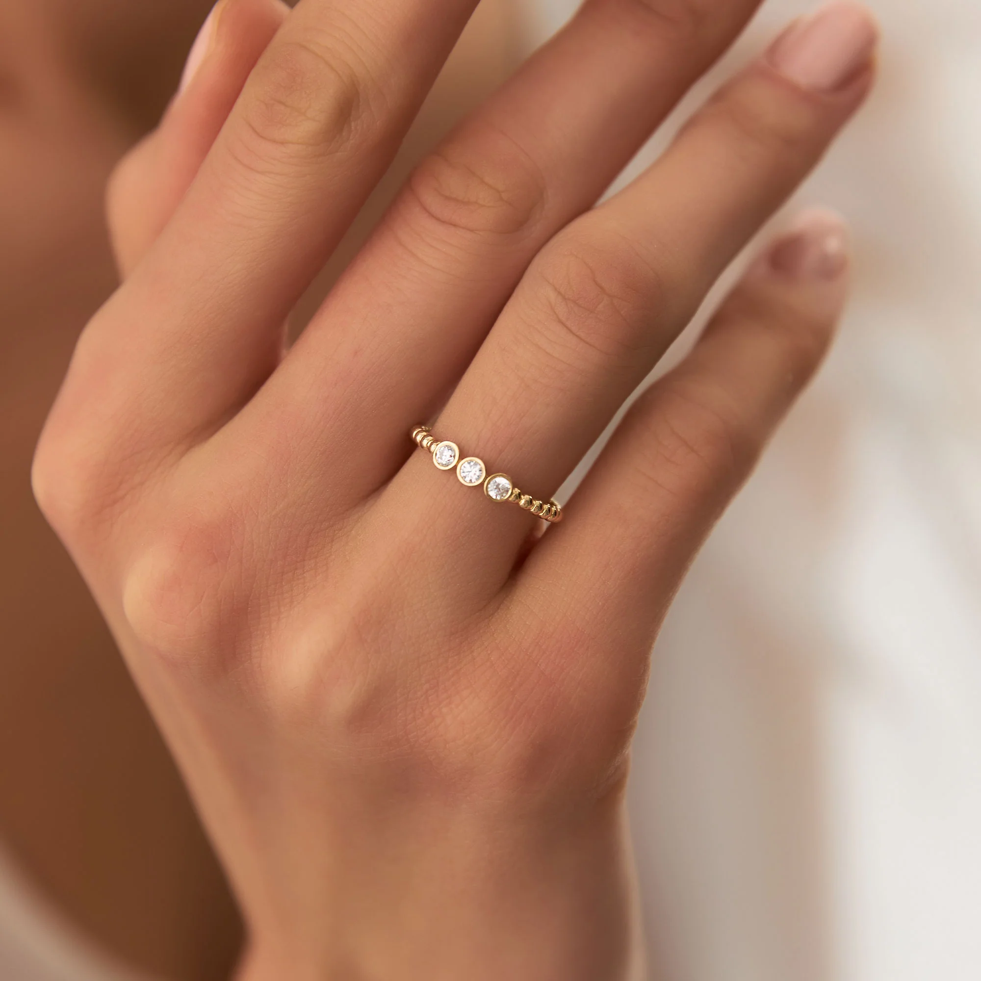 14k Beaded Three Stone Diamond Ring - Image 2